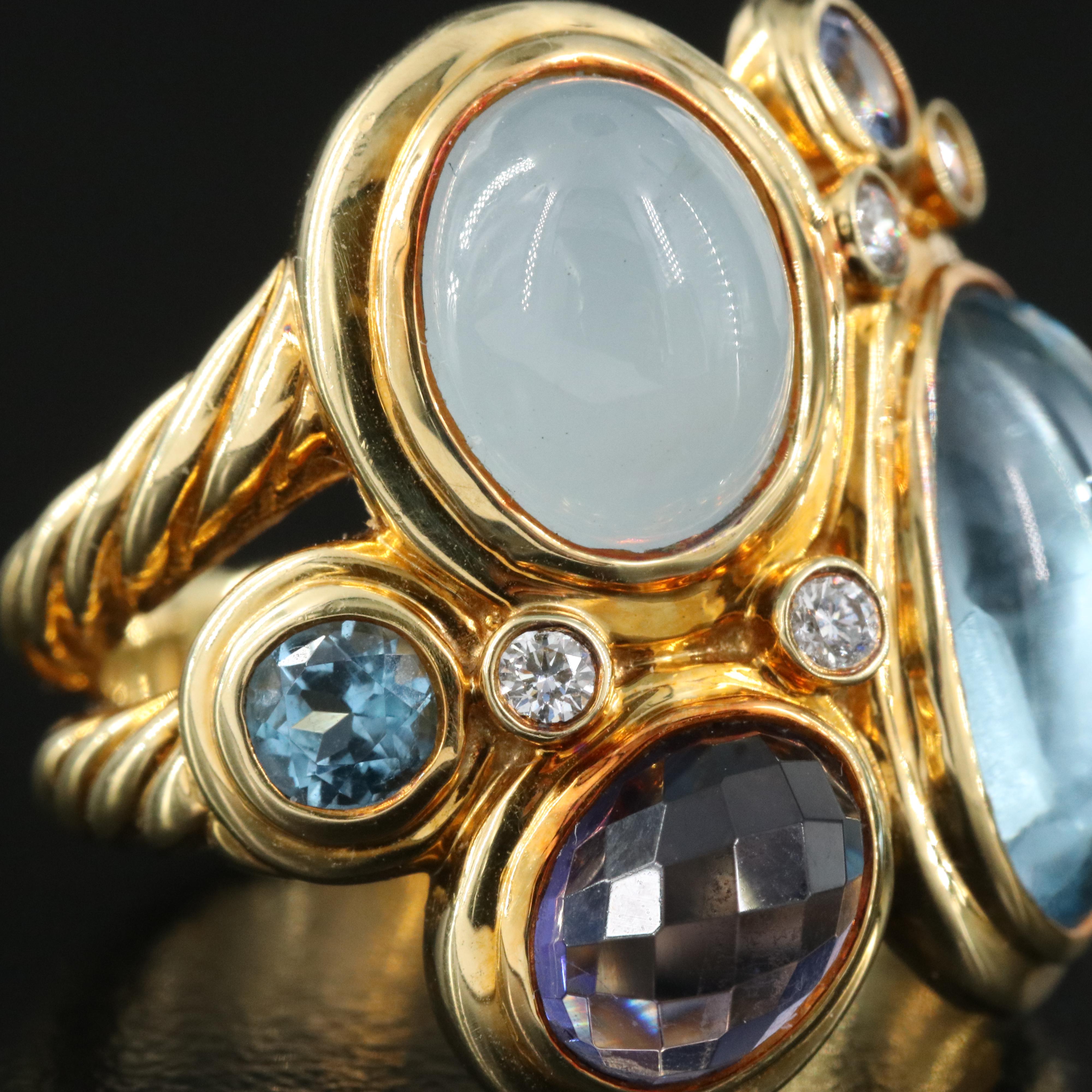 David Yurman "Mosaic" 18K Ring with Topaz, Diamond and Sapphire