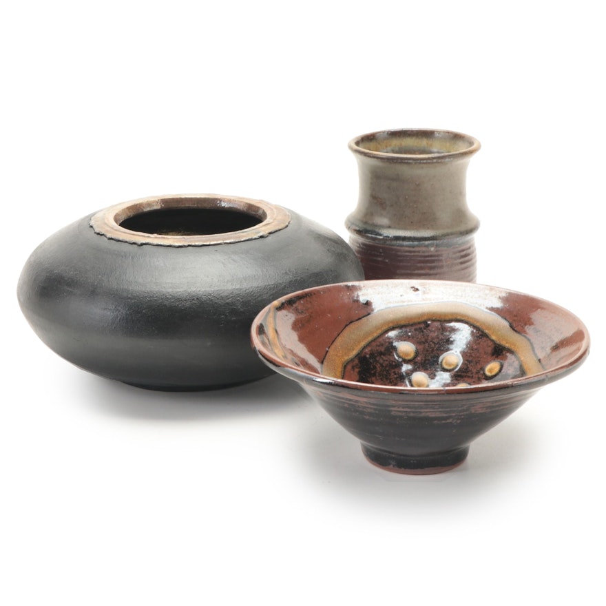 Signed Debbie Lewis Raku Pottery Vase with Other Decorative Bowl and Vase