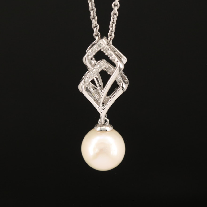 Sterling Pearl and Diamond Pendant Necklace