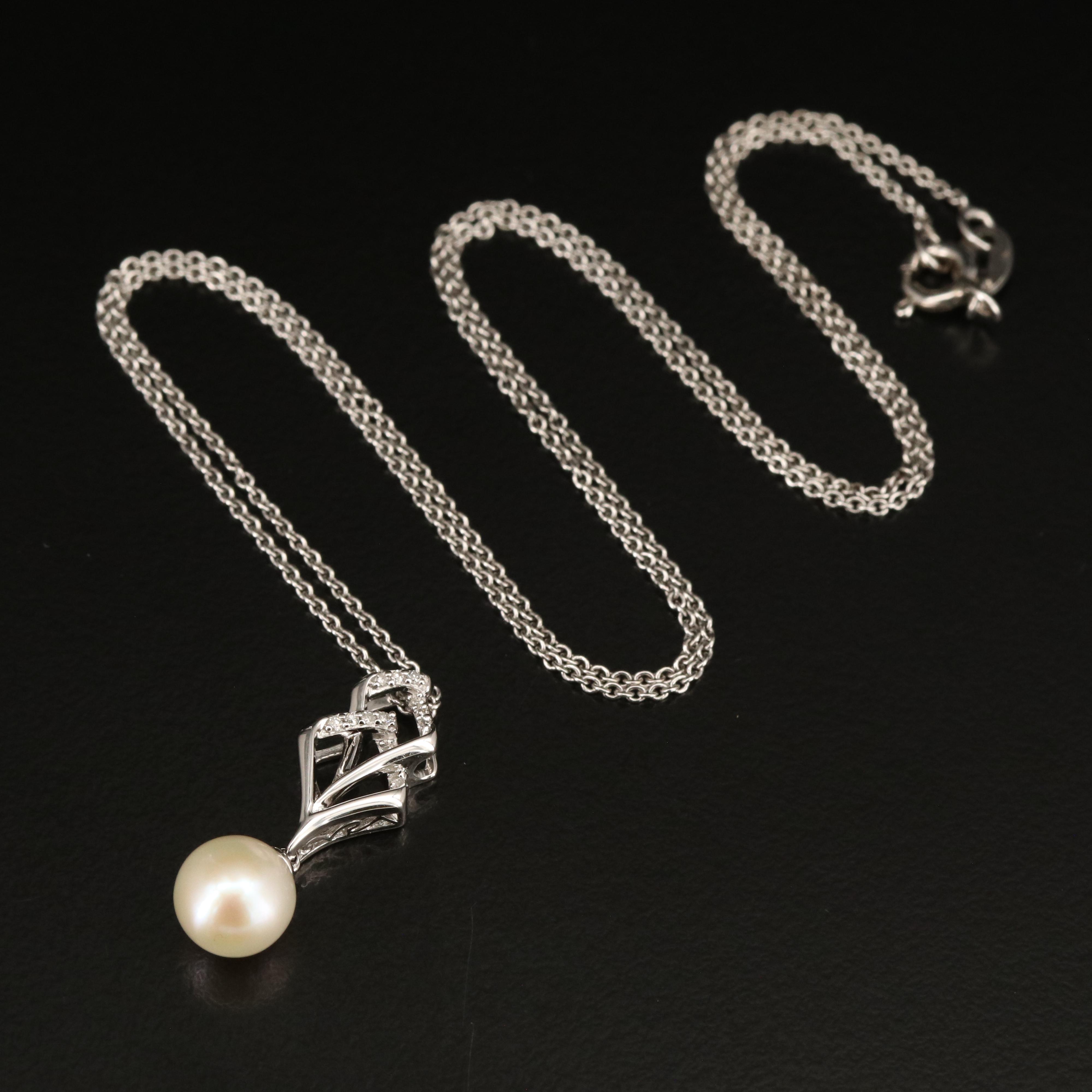 Sterling Pearl and Diamond Pendant Necklace