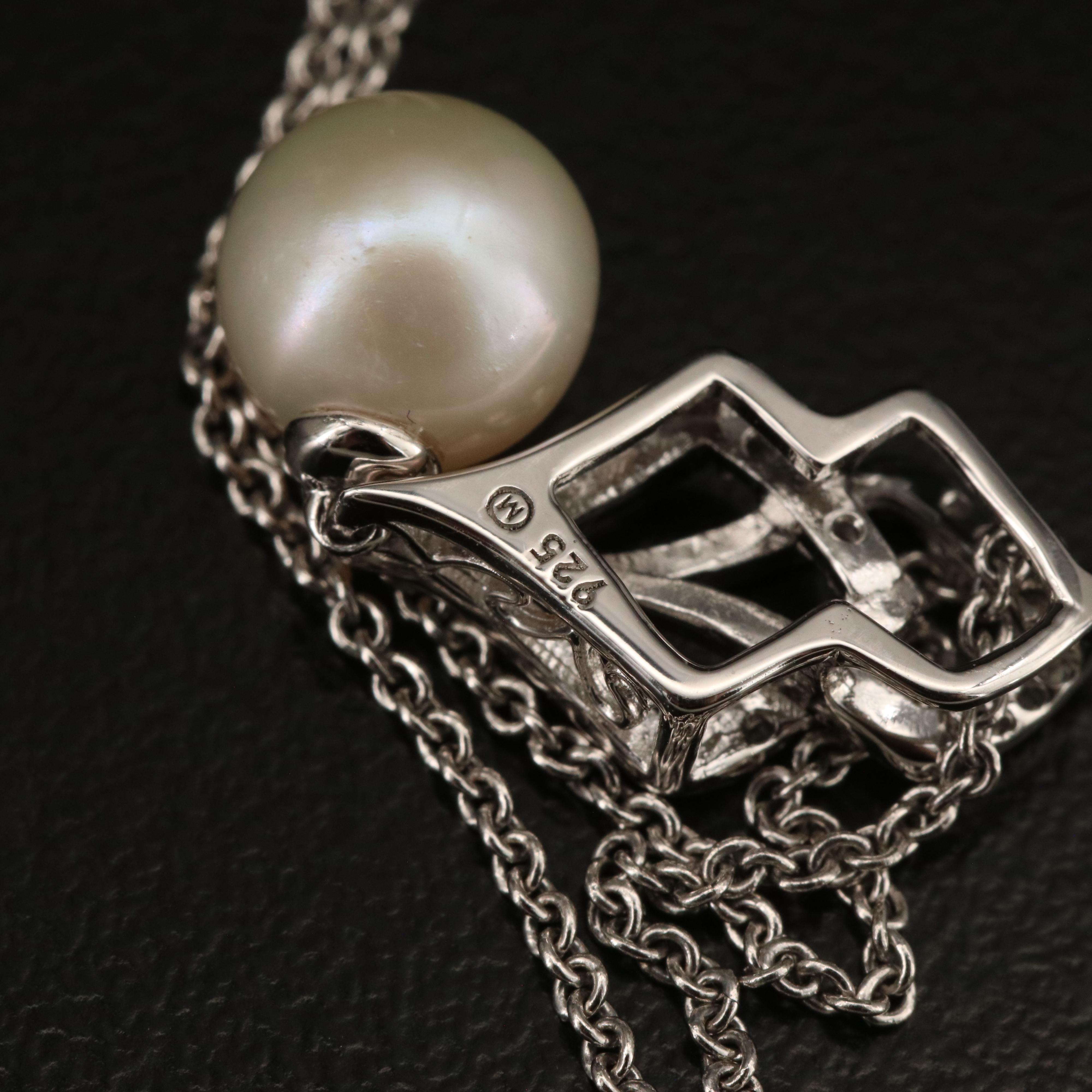 Sterling Pearl and Diamond Pendant Necklace