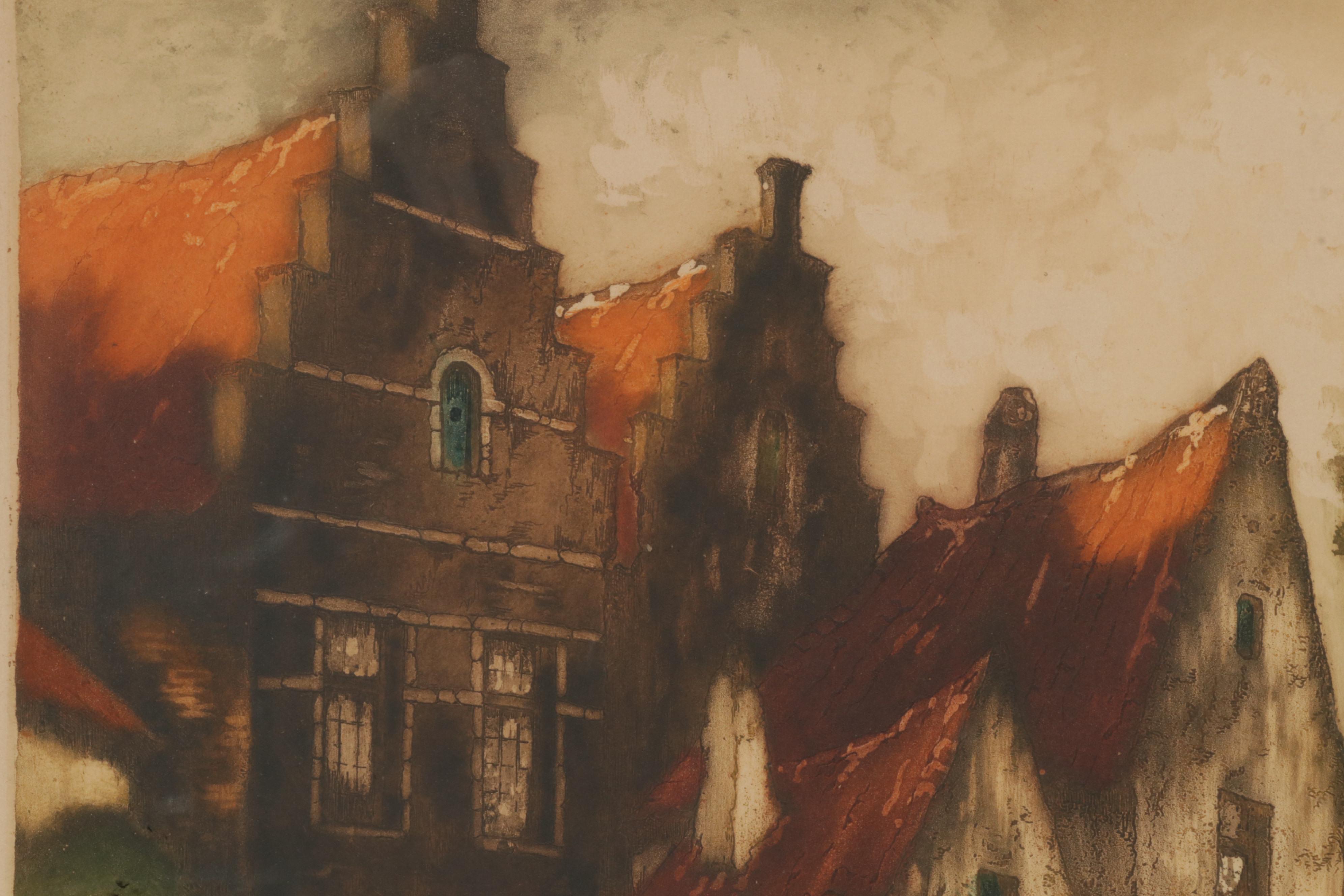 Julien Leif Color Etching of European City Canal Scene, Circa 1930