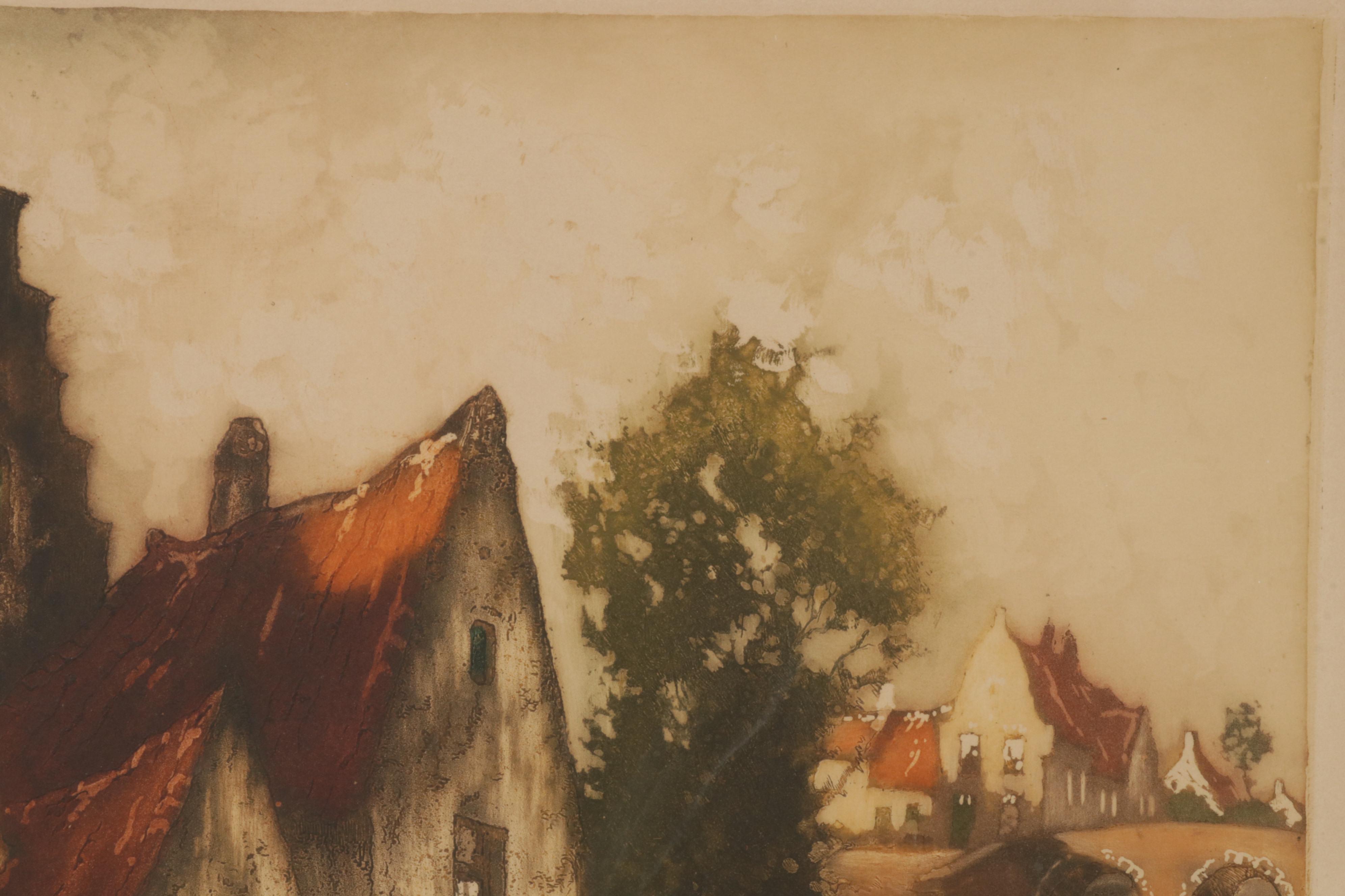 Julien Leif Color Etching of European City Canal Scene, Circa 1930