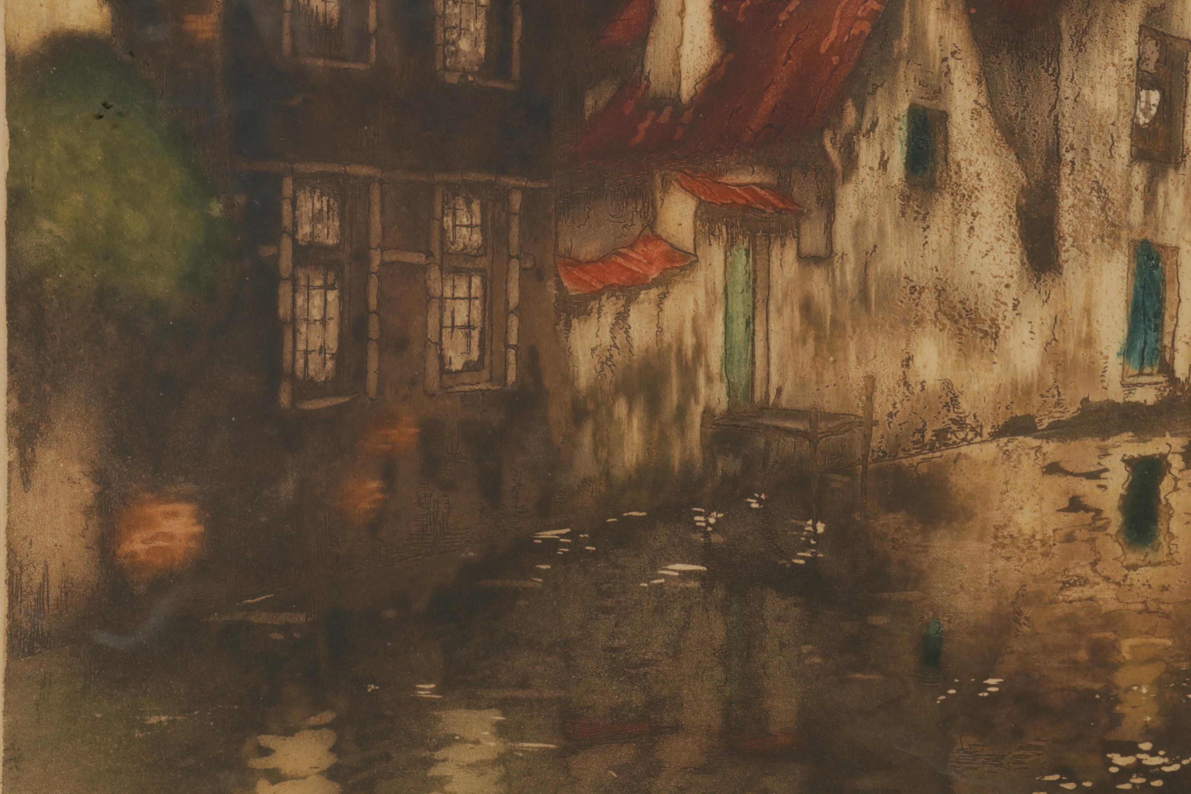 Julien Leif Color Etching of European City Canal Scene, Circa 1930