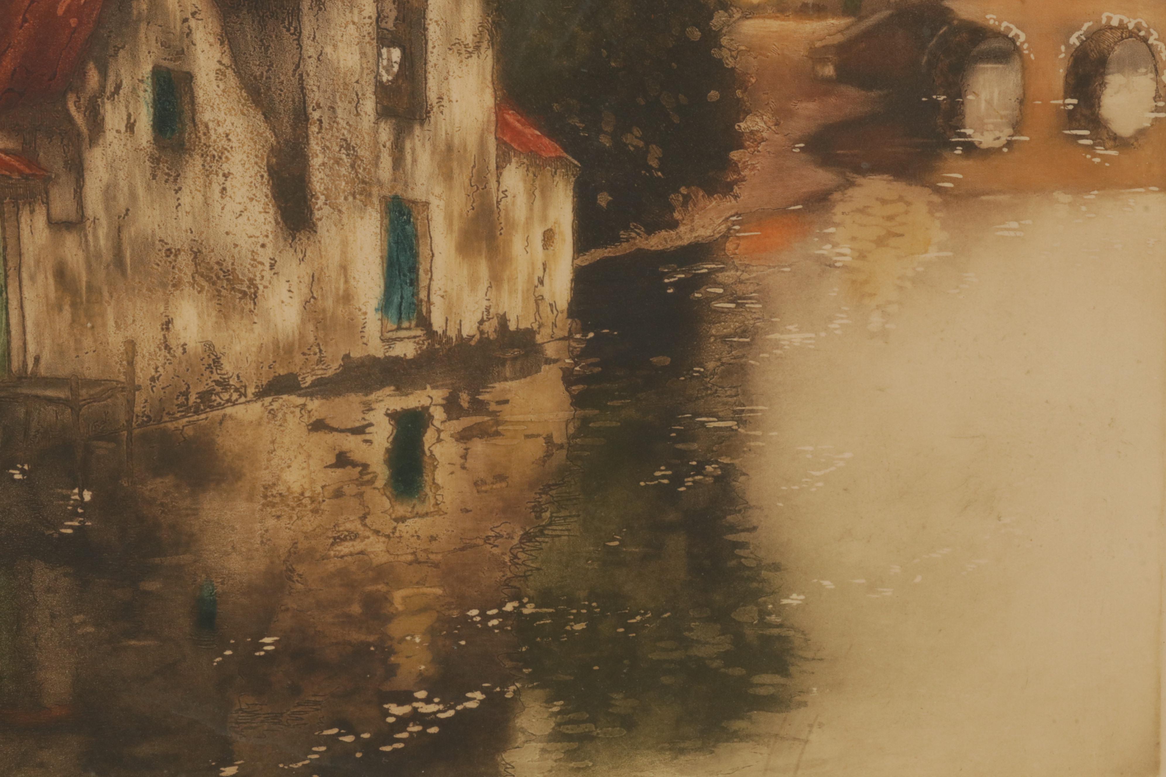 Julien Leif Color Etching of European City Canal Scene, Circa 1930