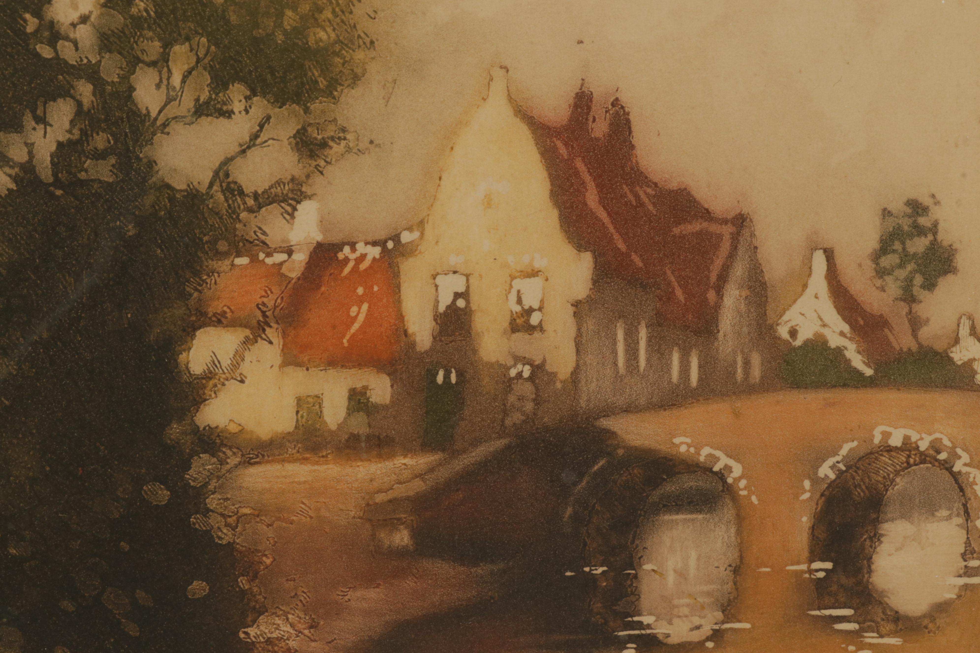 Julien Leif Color Etching of European City Canal Scene, Circa 1930