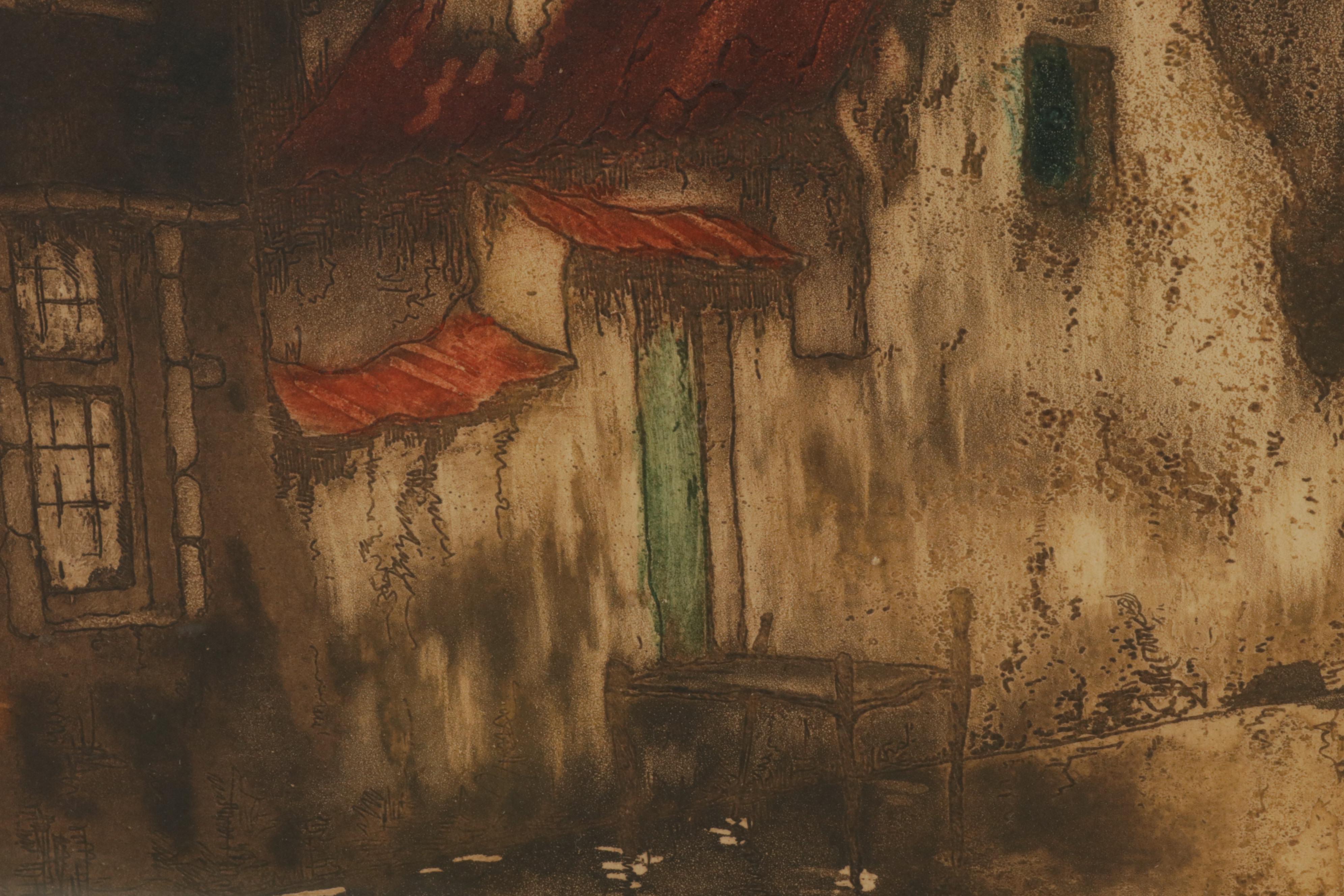 Julien Leif Color Etching of European City Canal Scene, Circa 1930