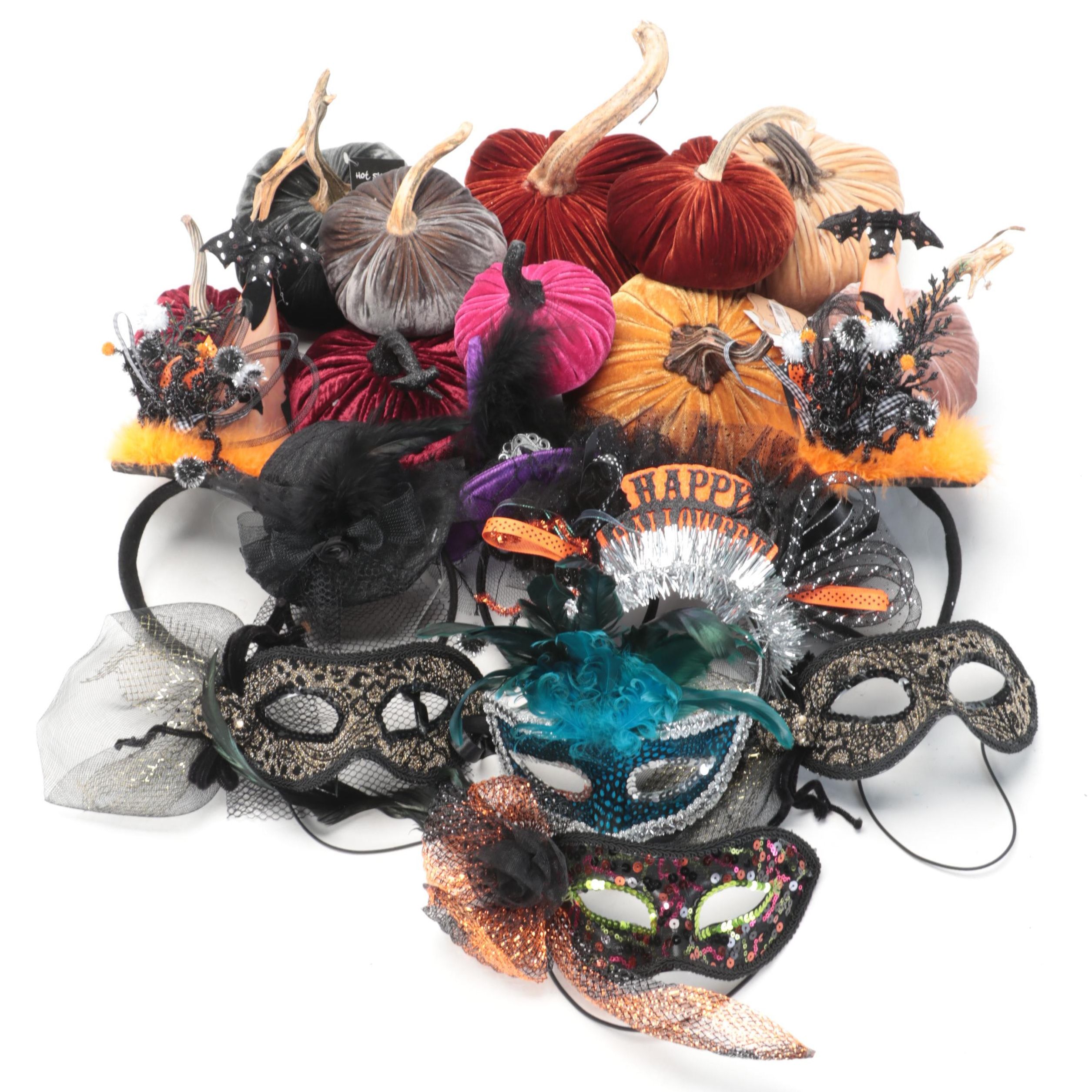 Masquerade Masks with Decorative Plush Pumpkins, Headbands, More Halloween Decor
