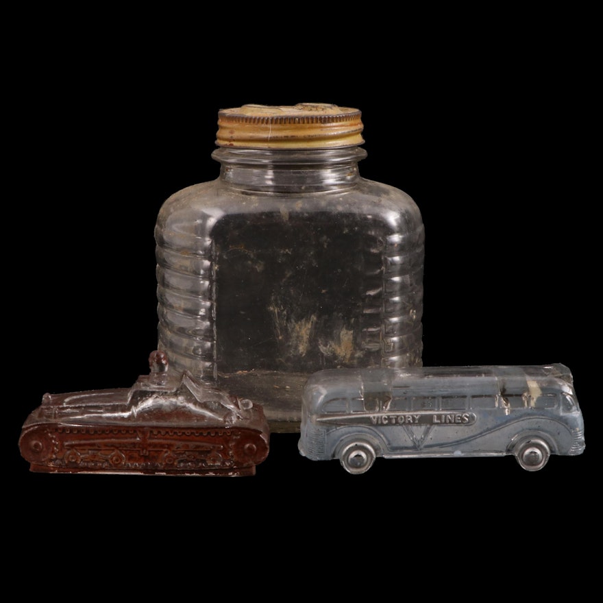 Victory Glass Tank and Bus Candy Containers with Ribbed Jar, Early/ Mid-20th C