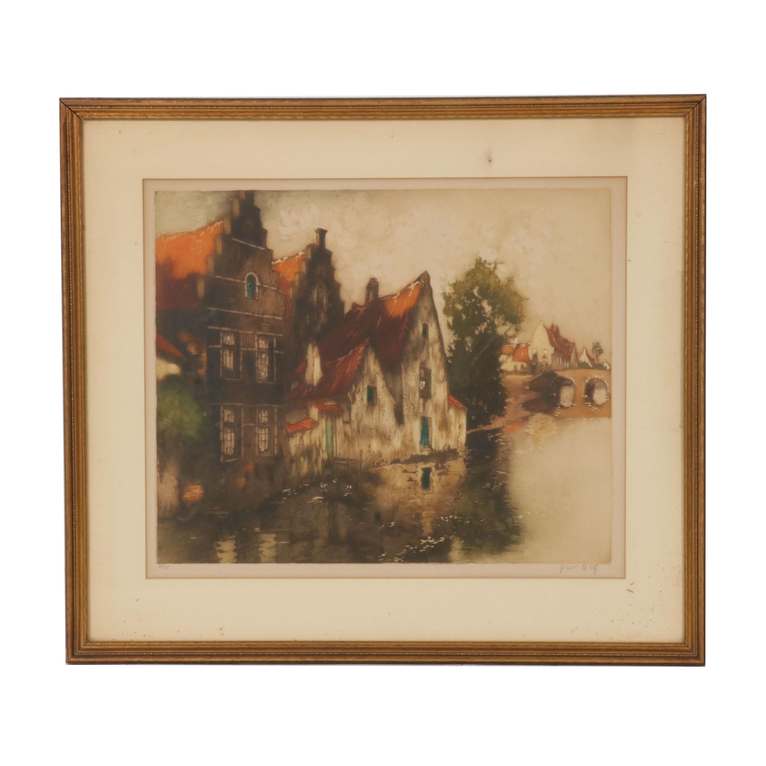 Julien Leif Color Etching of European City Canal Scene, Circa 1930