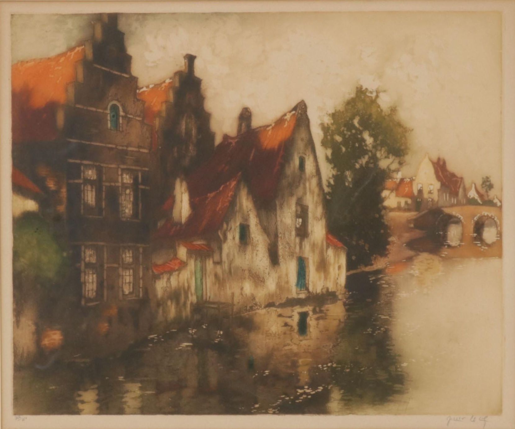 Julien Leif Color Etching of European City Canal Scene, Circa 1930