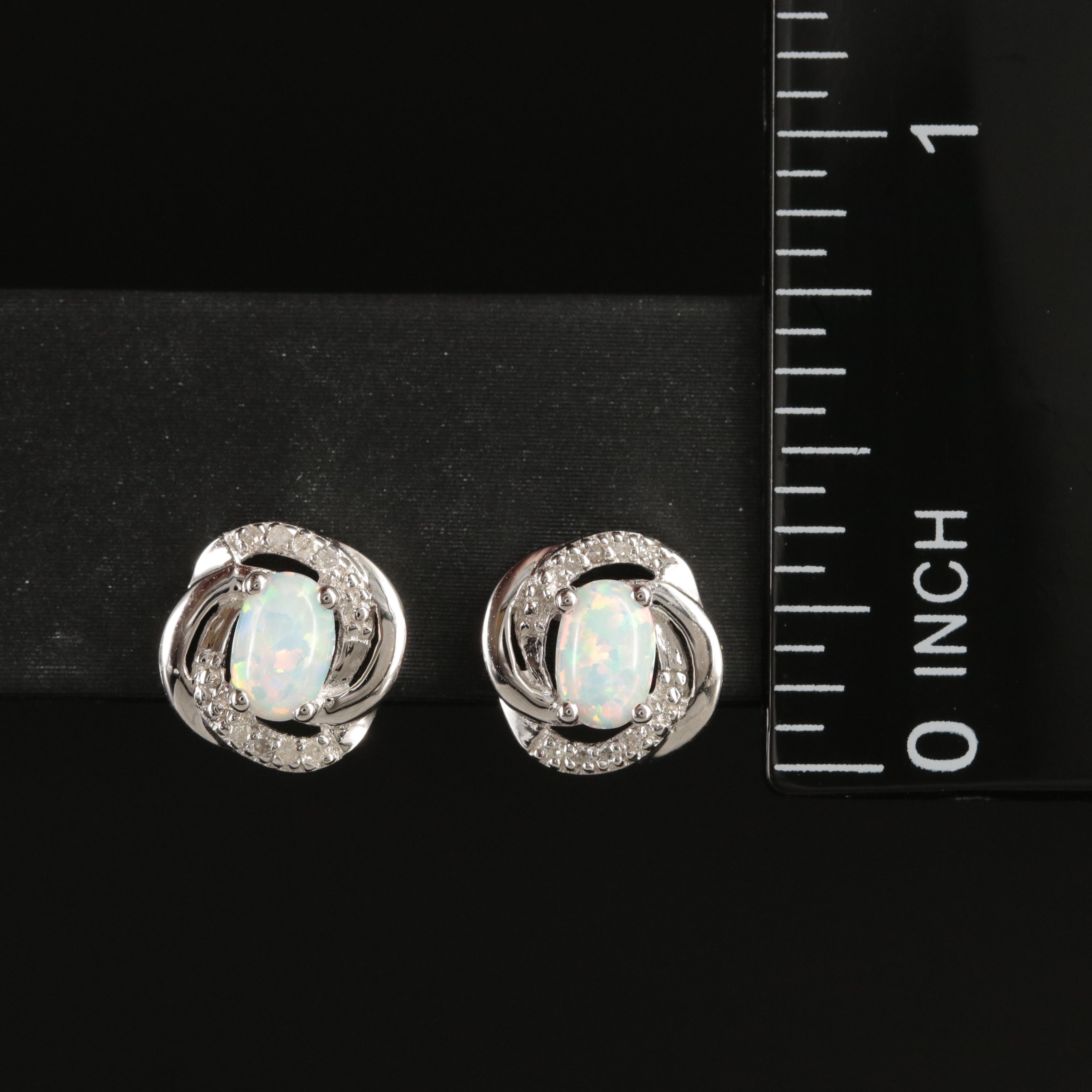 Sterling Opal and Diamond Stud Earrings