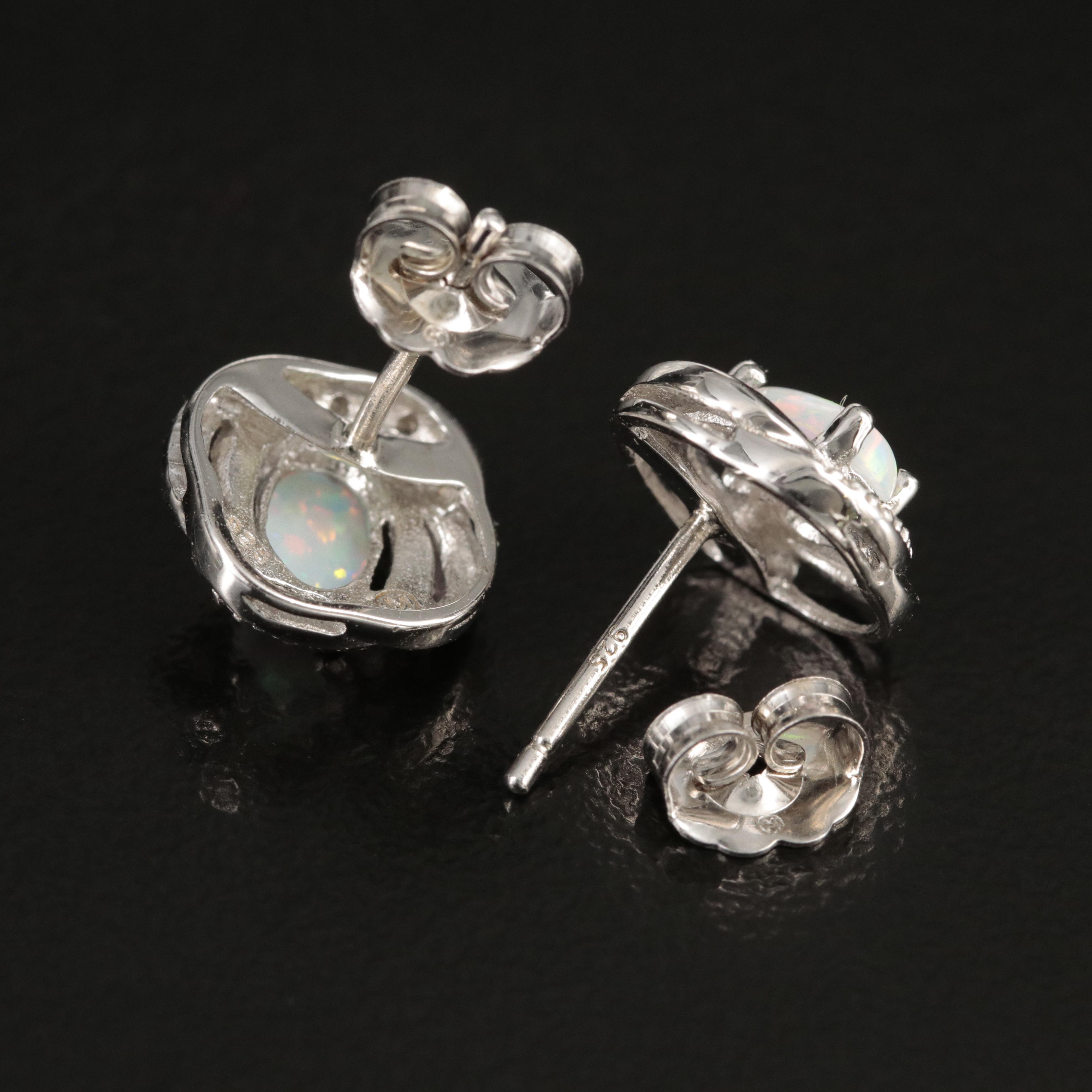 Sterling Opal and Diamond Stud Earrings