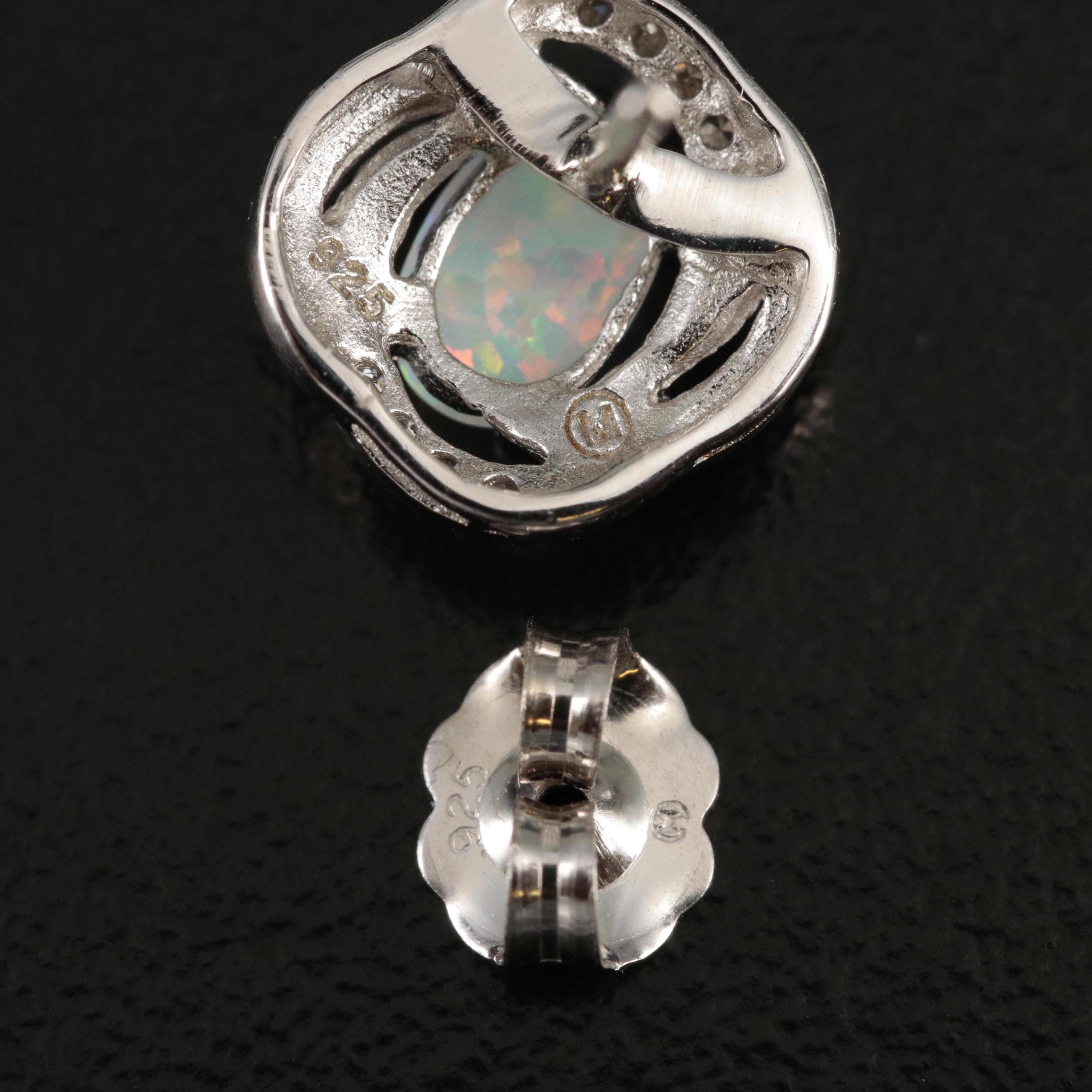 Sterling Opal and Diamond Stud Earrings