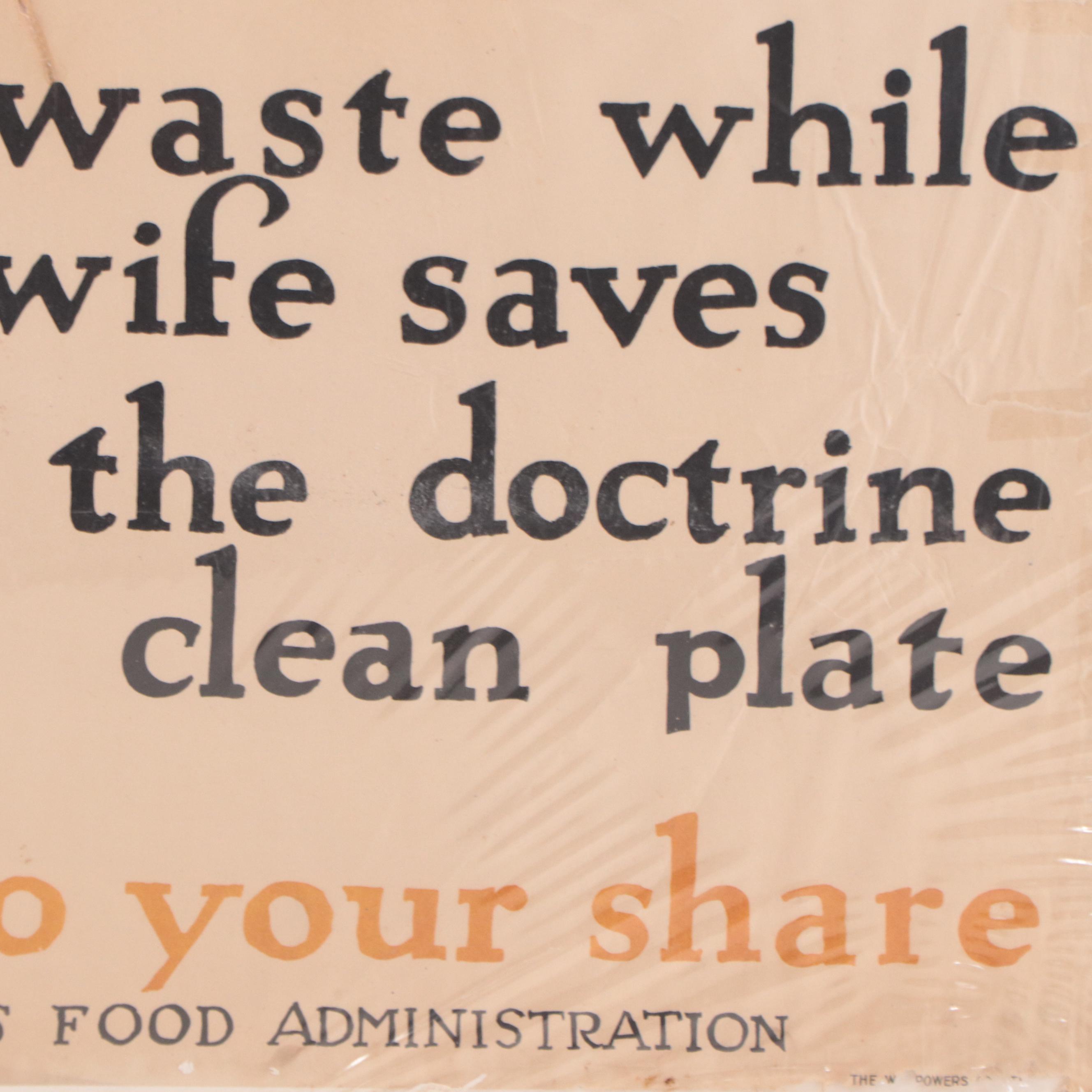 United States Food Administration Promotional WWI Poster, 1917