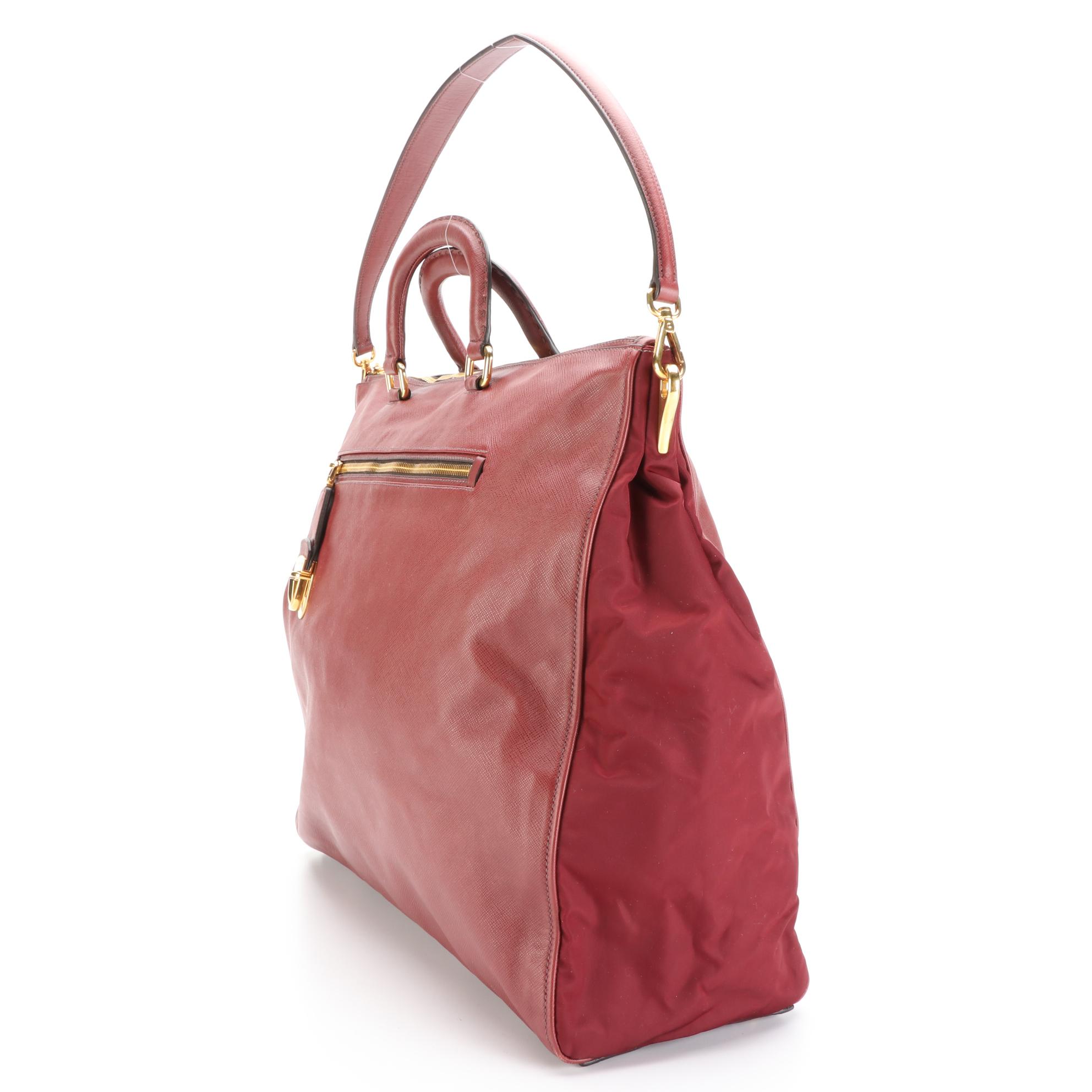 Prada Tall Zip Tote in Bordeaux Saffiano Leather and Nylon Gabardine w/Strap