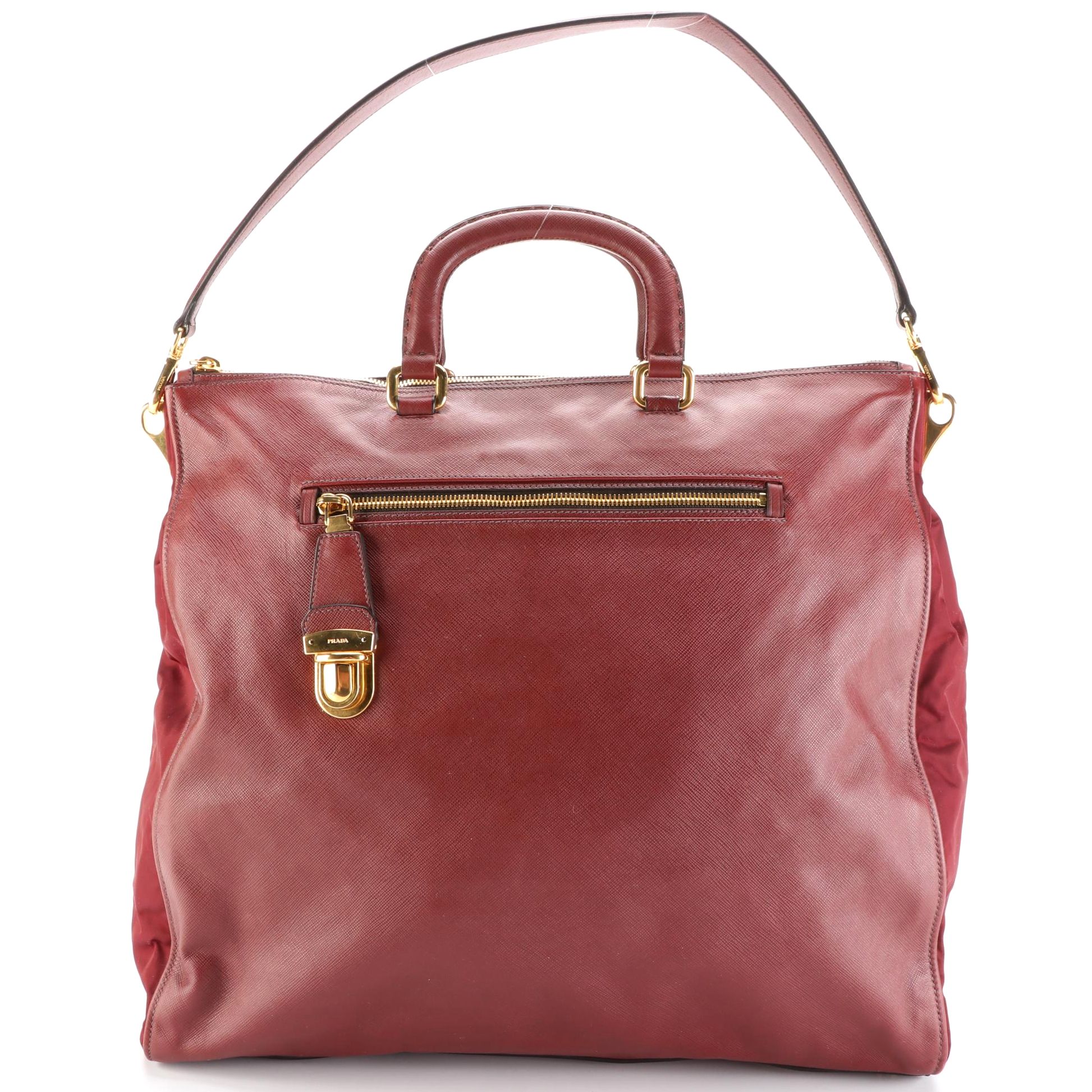 Prada Tall Zip Tote in Bordeaux Saffiano Leather and Nylon Gabardine w/Strap
