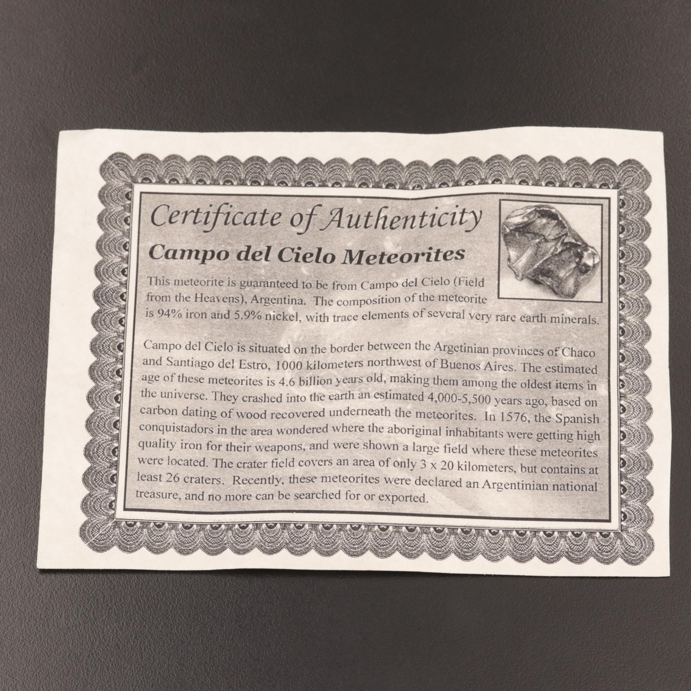 212-Gram Campo del Cielo Meteorite and Meteorite Fragment