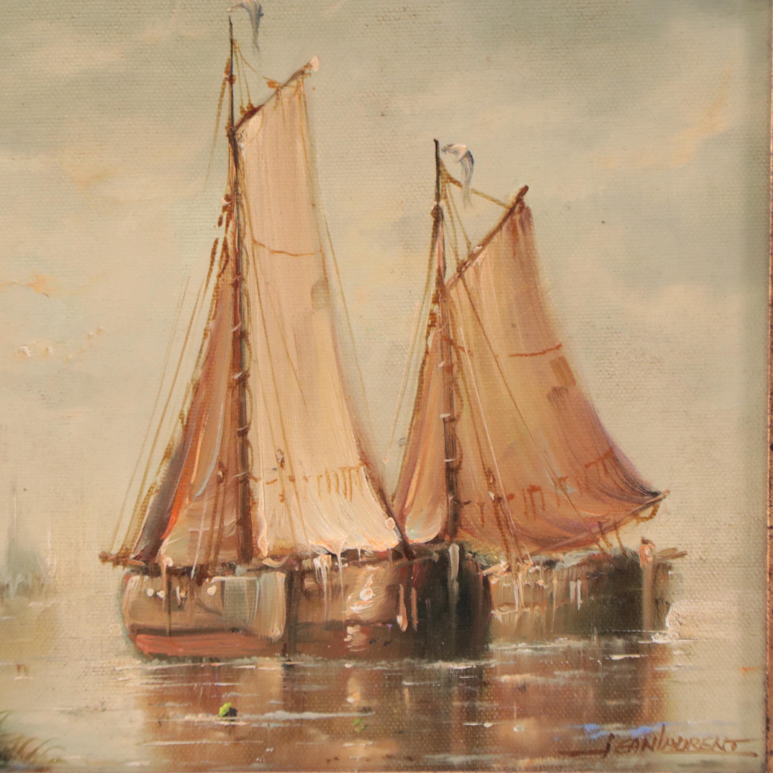Jean Laurent Nautical Oil Painting of Sailboats in Harbor