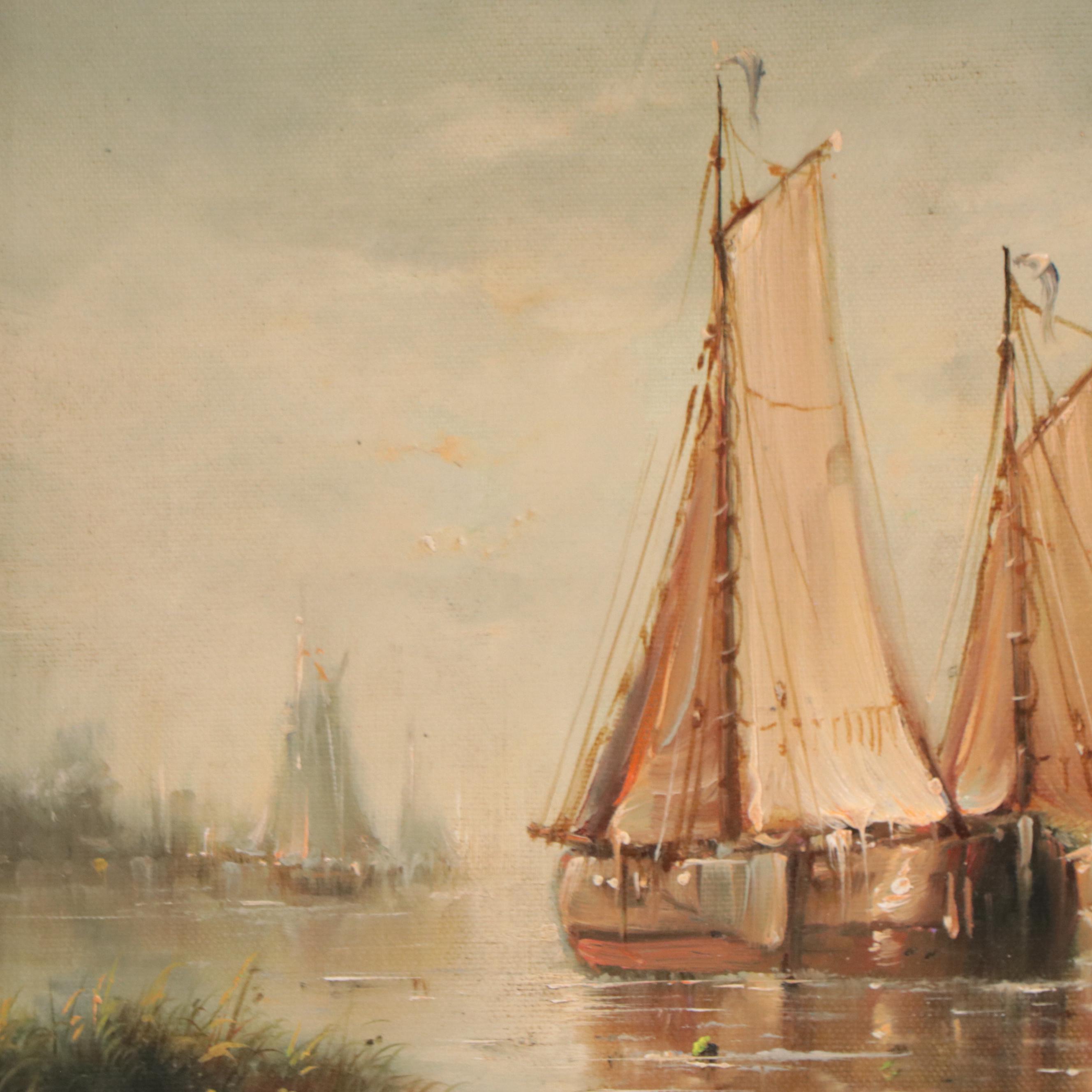 Jean Laurent Nautical Oil Painting of Sailboats in Harbor