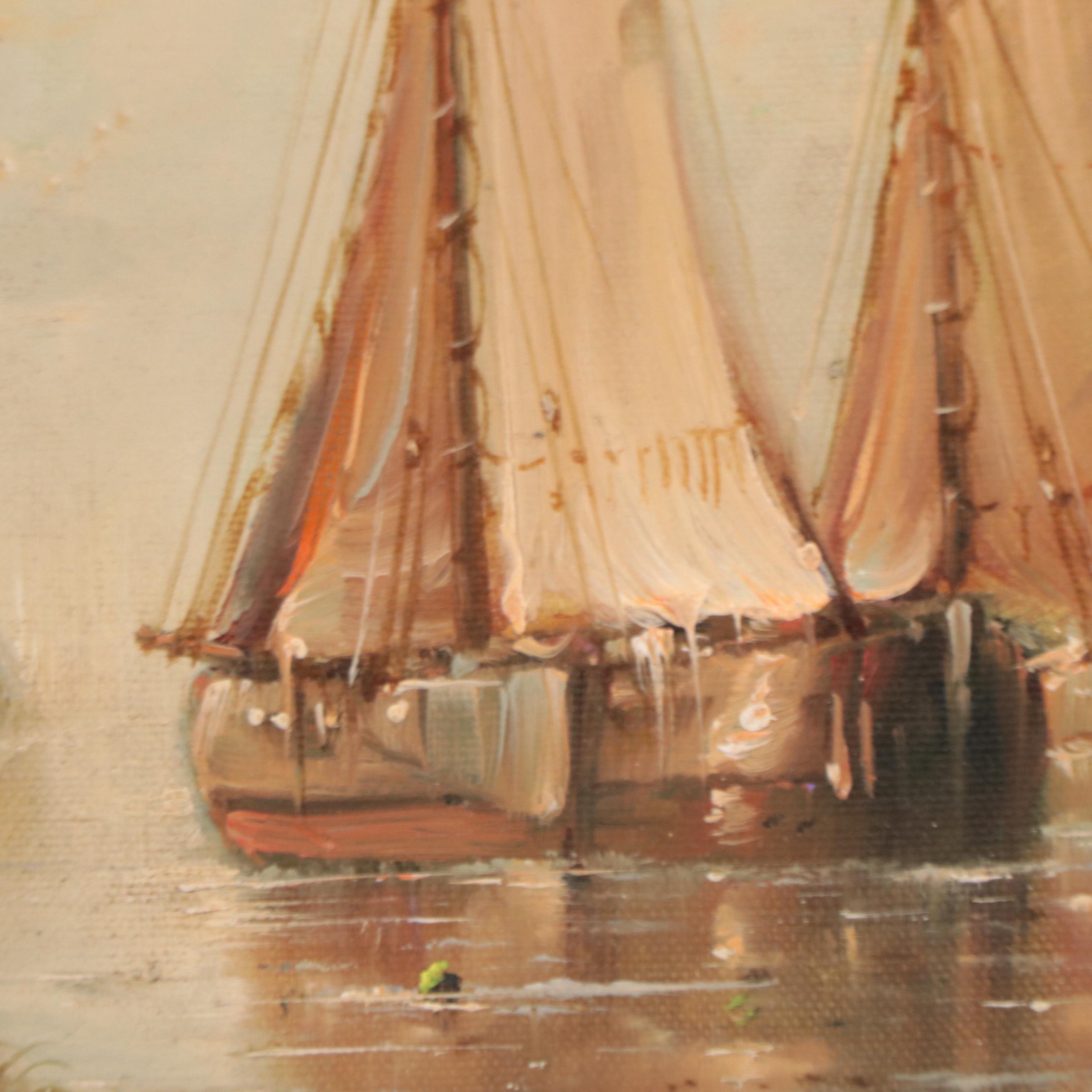 Jean Laurent Nautical Oil Painting of Sailboats in Harbor