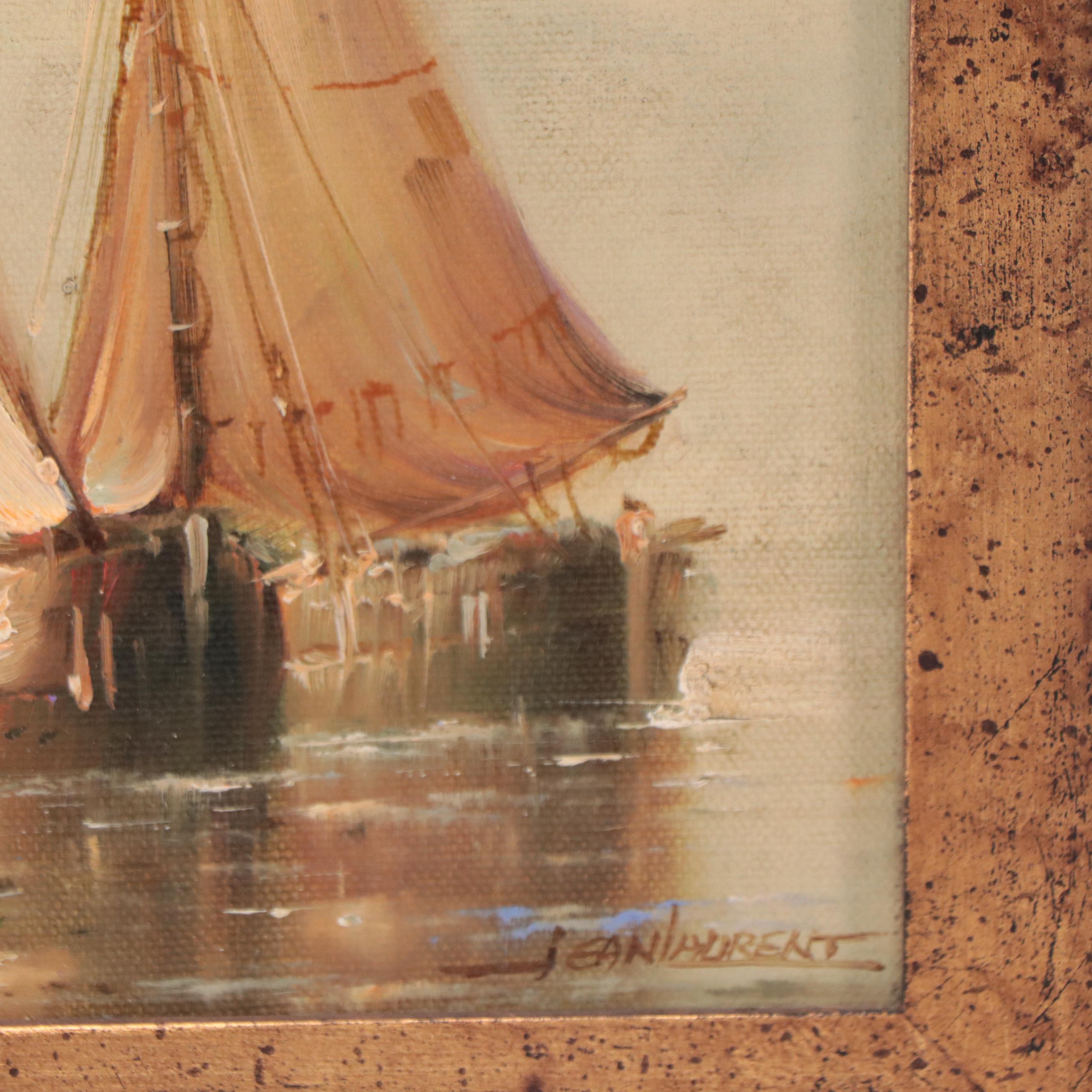 Jean Laurent Nautical Oil Painting of Sailboats in Harbor