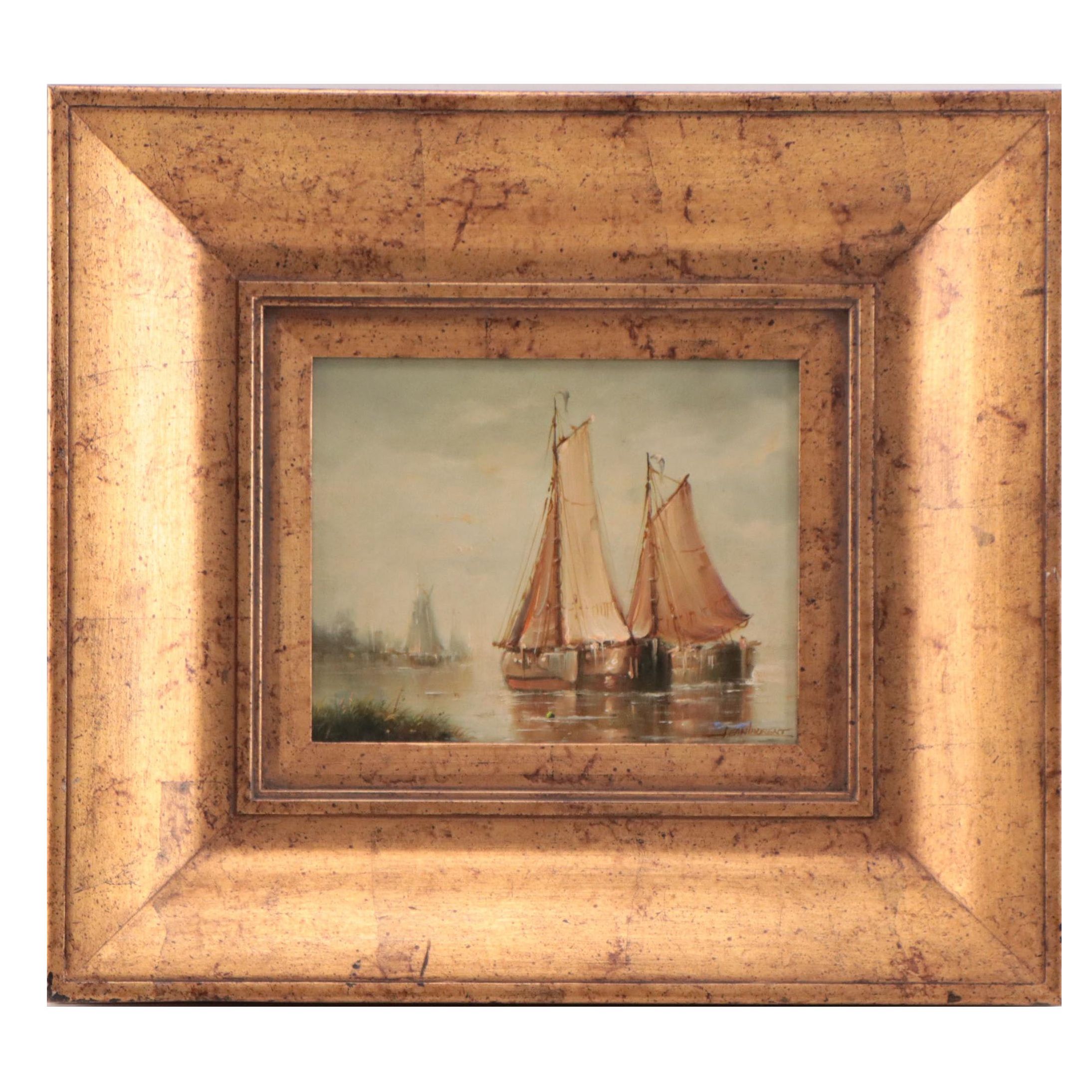 Jean Laurent Nautical Oil Painting of Sailboats in Harbor