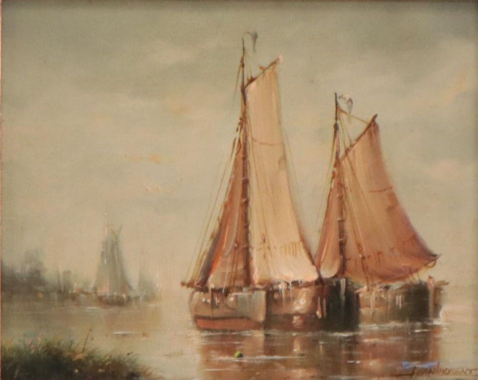 Jean Laurent Nautical Oil Painting of Sailboats in Harbor