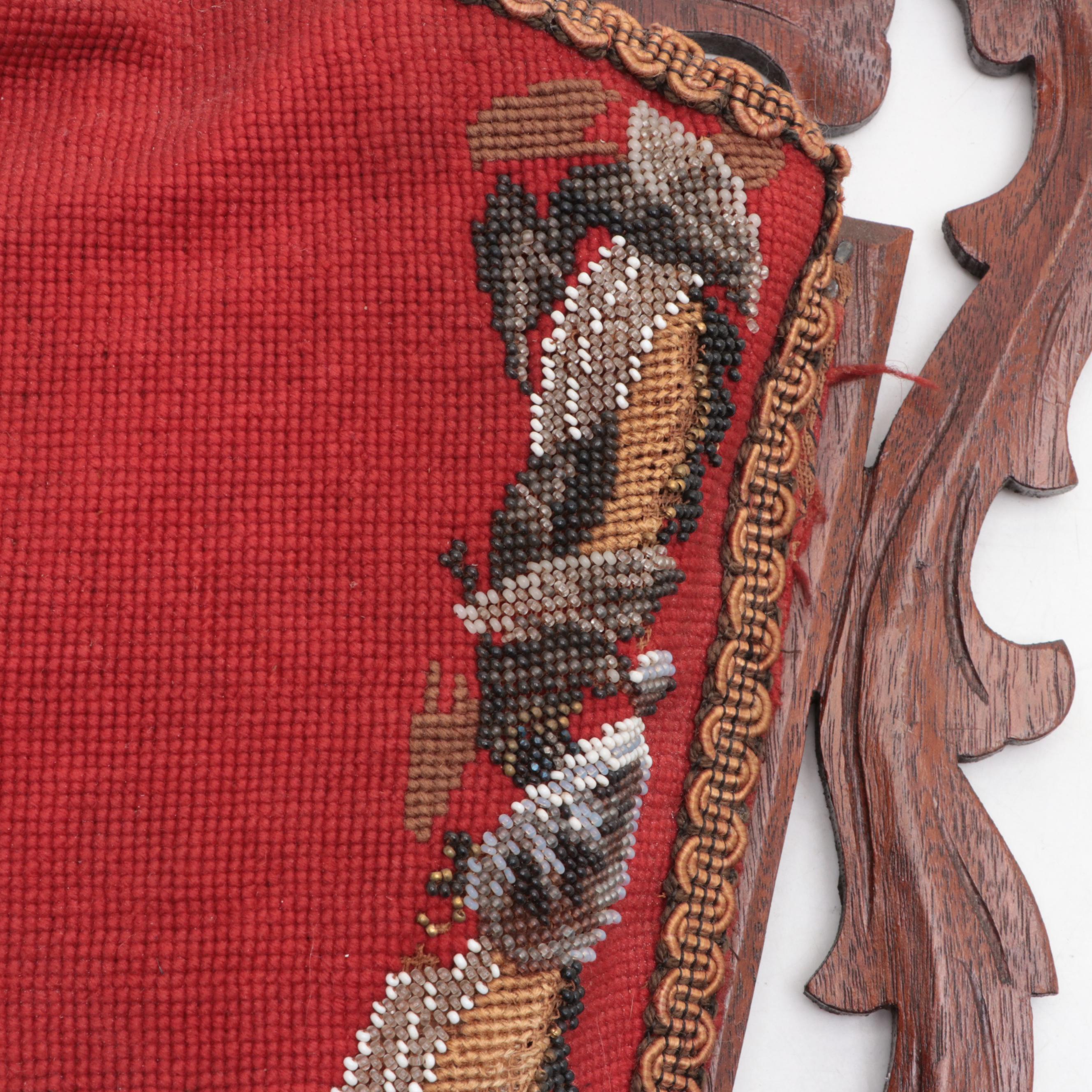 Victorian Style Needlepoint and Beaded Panel Wall Pocket With Carved Wood