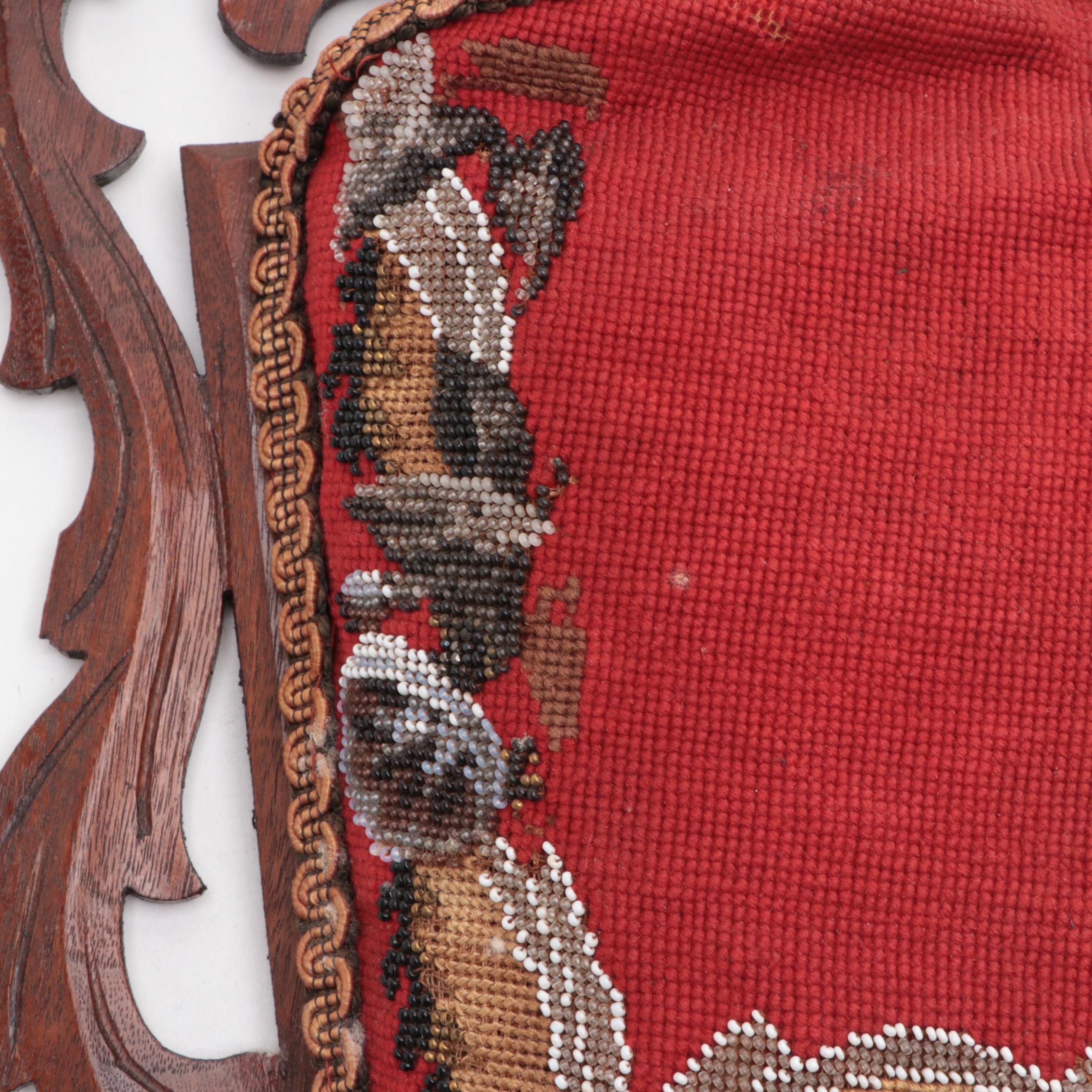 Victorian Style Needlepoint and Beaded Panel Wall Pocket With Carved Wood