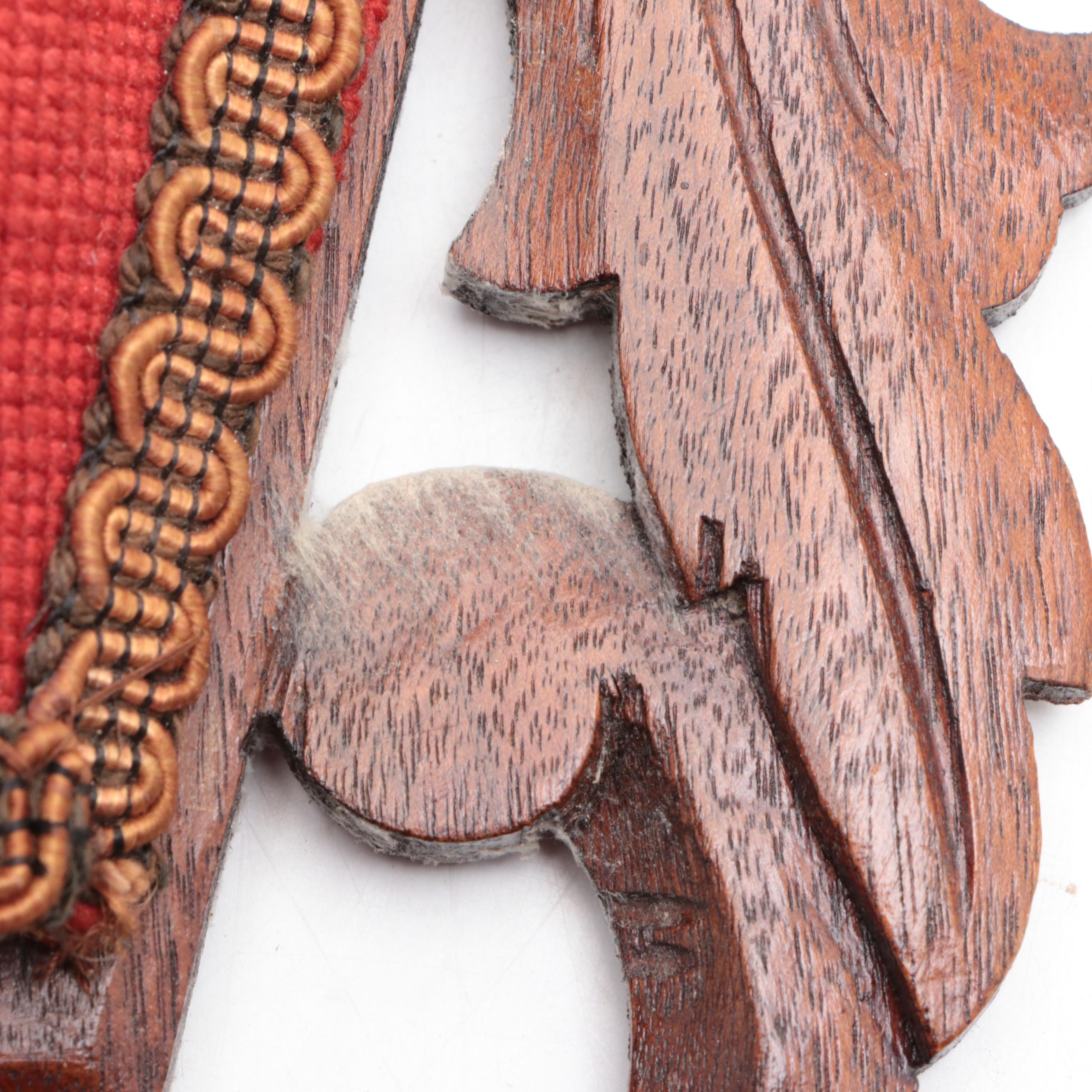 Victorian Style Needlepoint and Beaded Panel Wall Pocket With Carved Wood