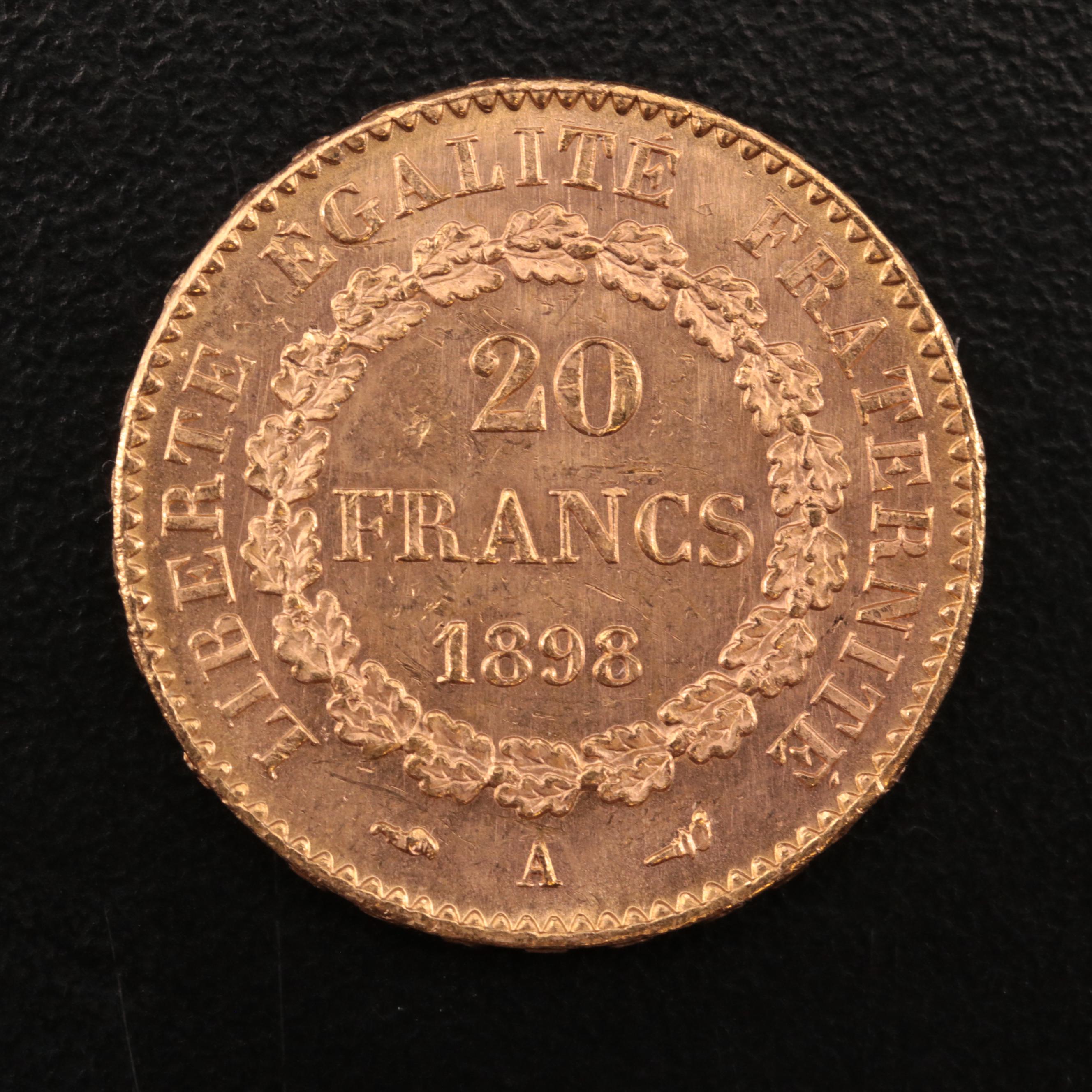 1898-A France Twenty Francs Gold Coin