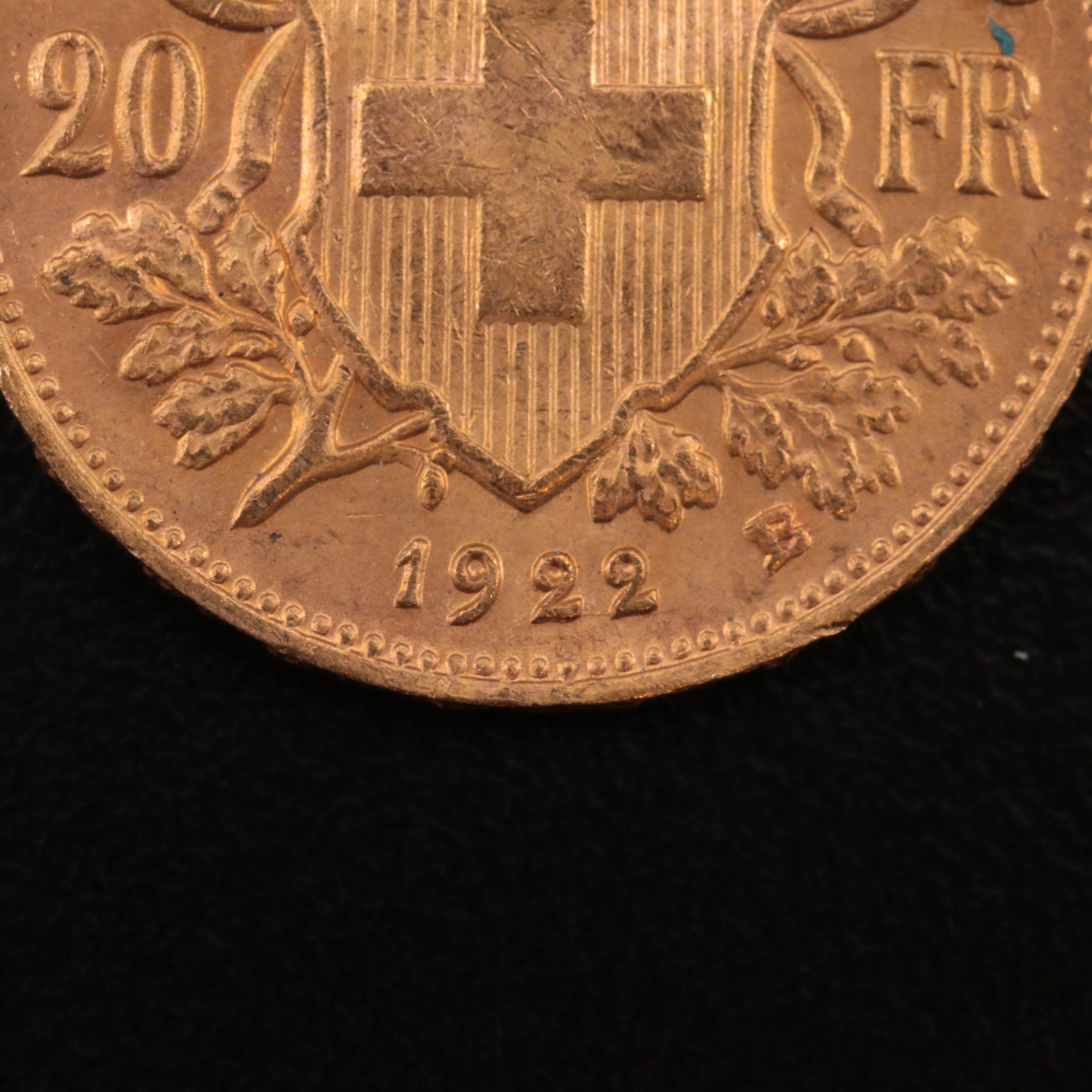 1922 B Switzerland Twenty Francs Gold Coin