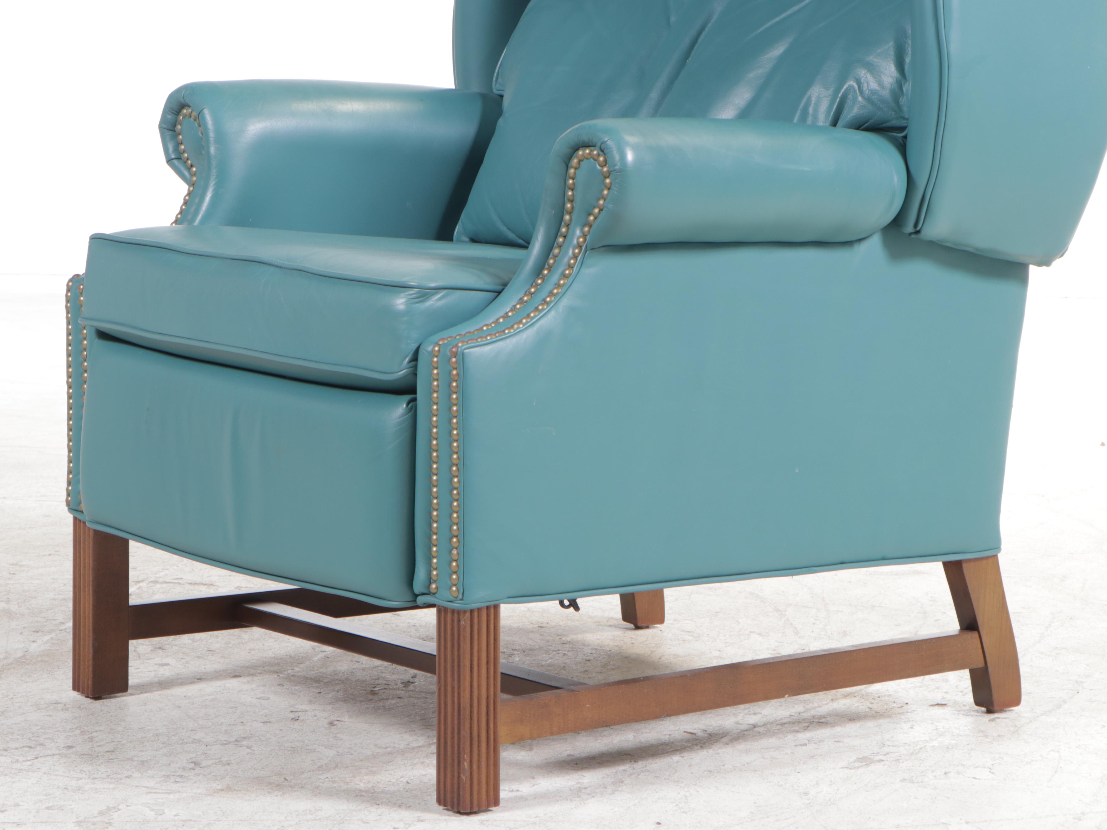 Burris Chippendale Style Green Leather Wingback Recliner with Nailheads