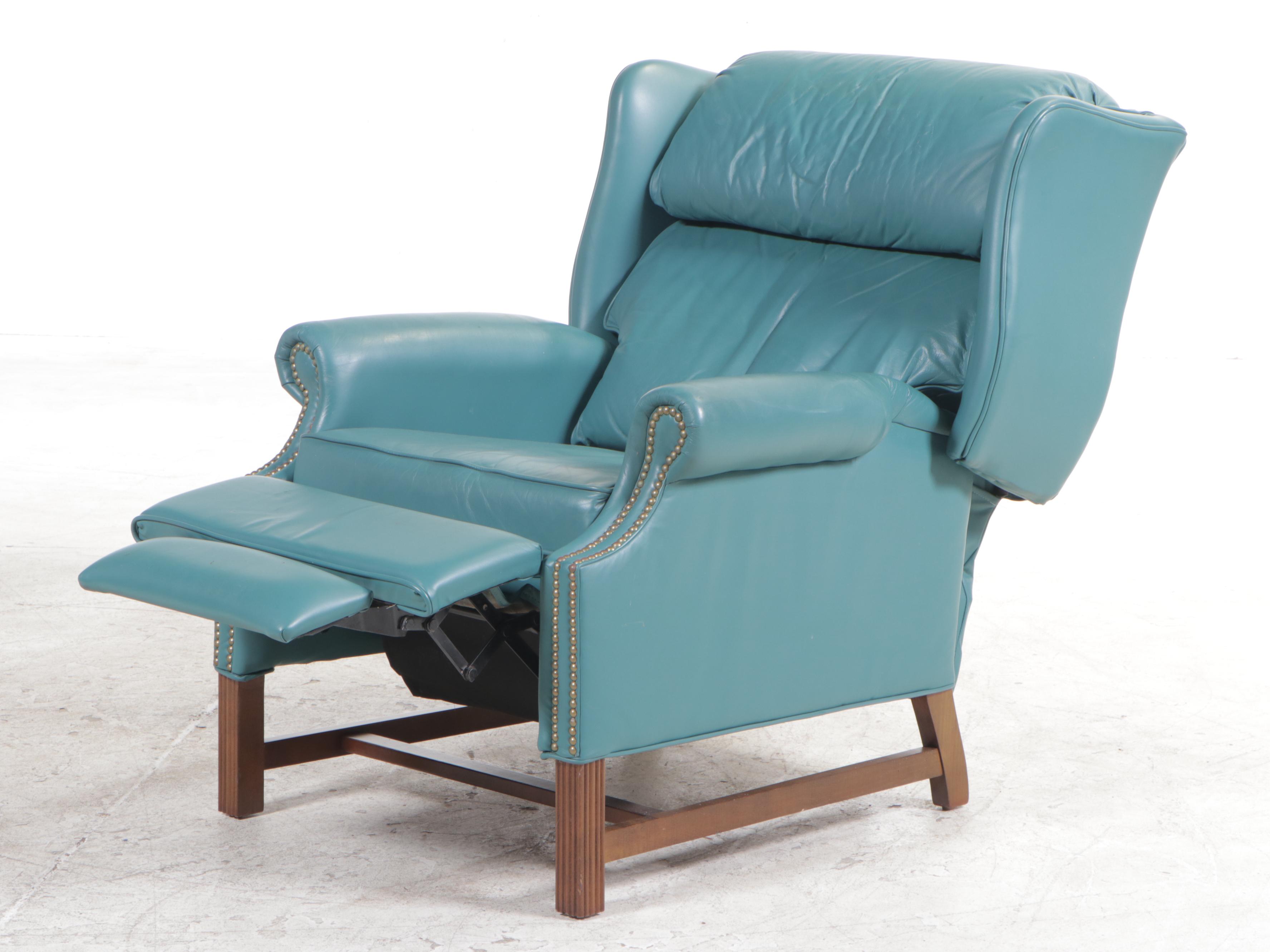 Burris Chippendale Style Green Leather Wingback Recliner with Nailheads