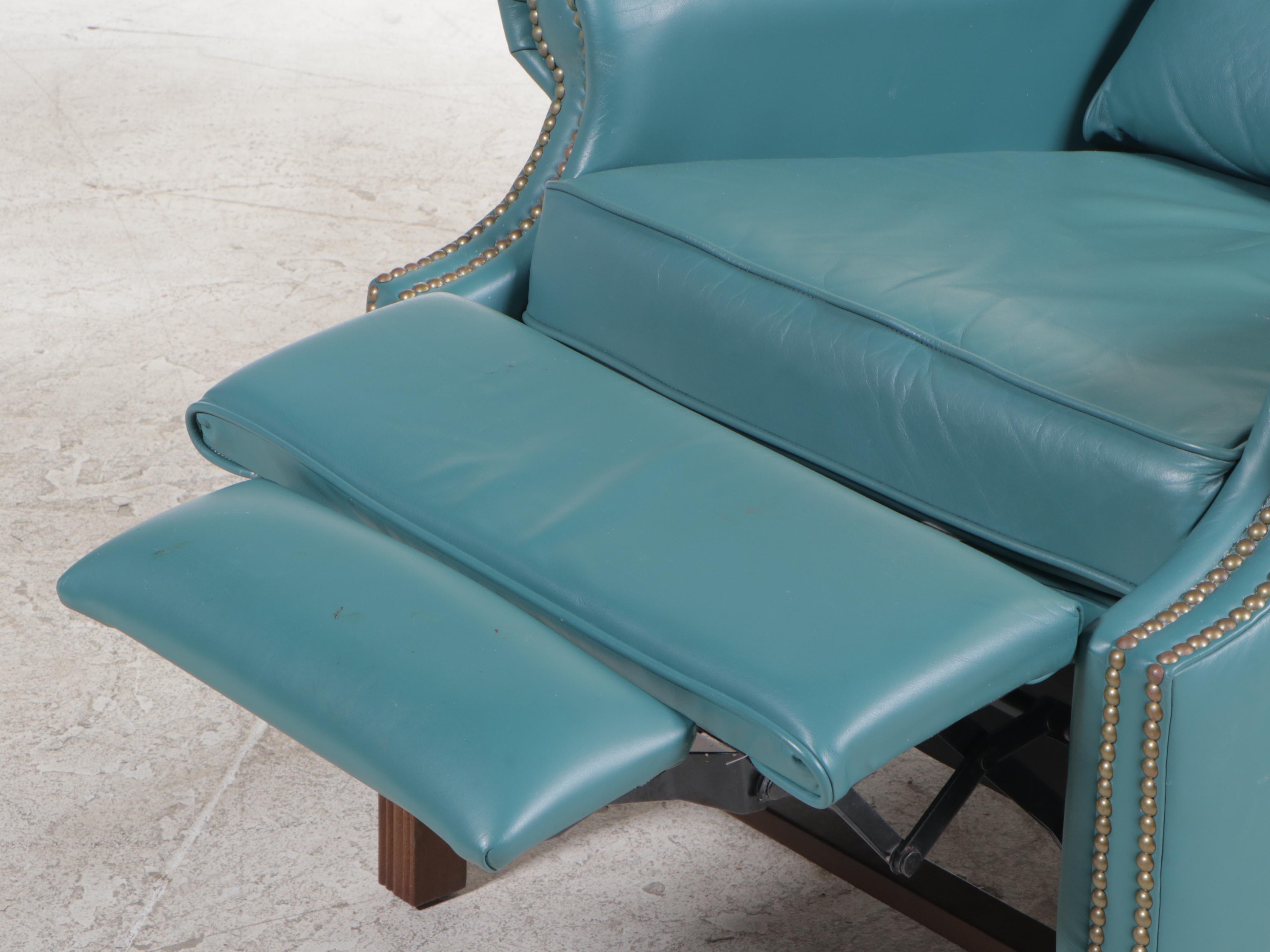 Burris Chippendale Style Green Leather Wingback Recliner with Nailheads