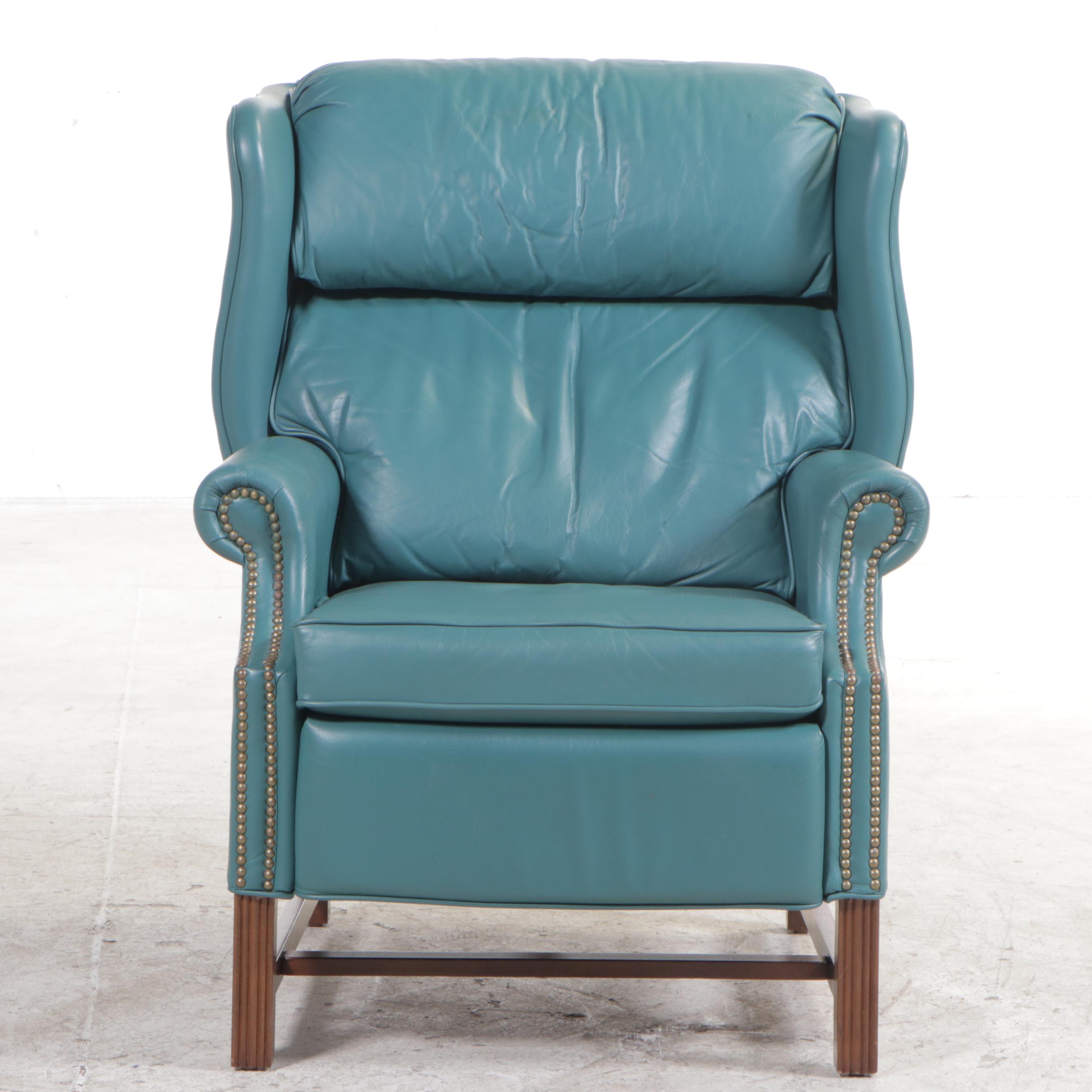 Burris Chippendale Style Green Leather Wingback Recliner with Nailheads