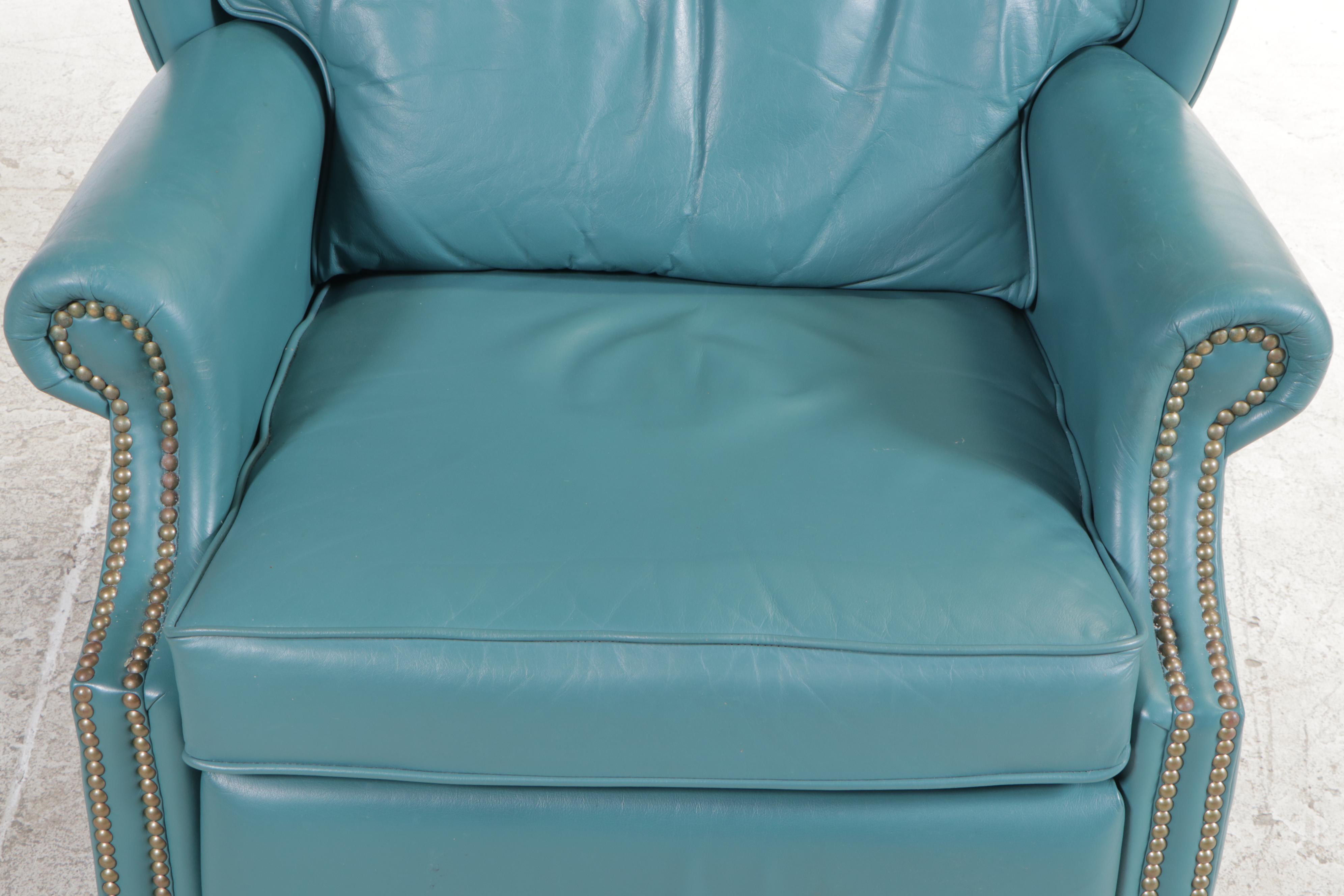 Burris Chippendale Style Green Leather Wingback Recliner with Nailheads