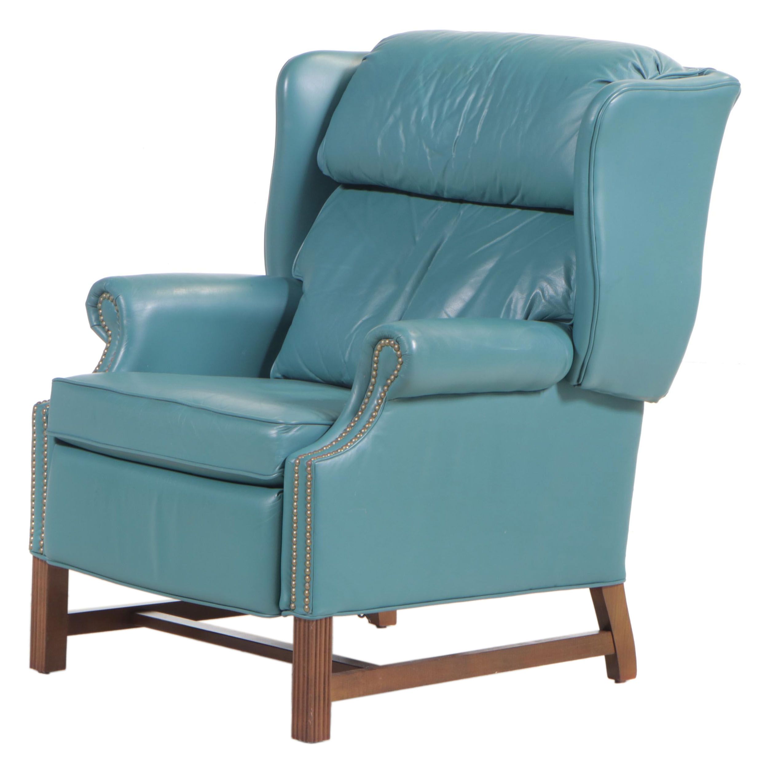 Burris Chippendale Style Green Leather Wingback Recliner with Nailheads