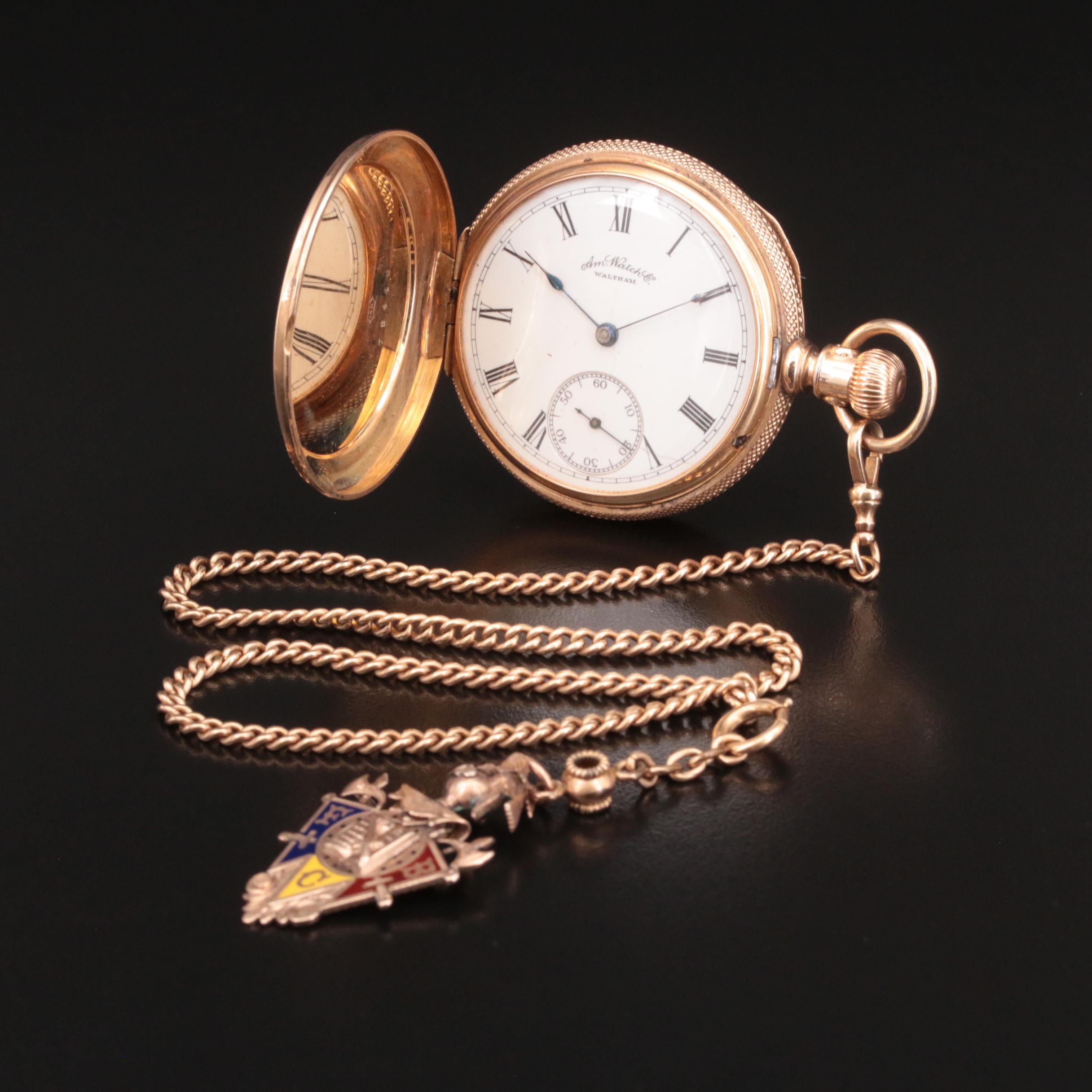 14K American Watch Co. Pocket Watch, 10K Fob Chain and Charm in a Display Dome