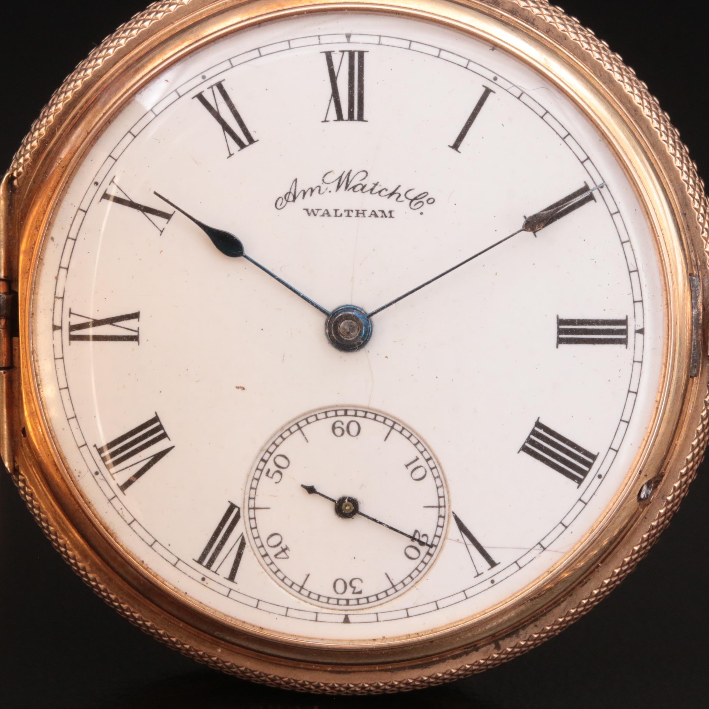 14K American Watch Co. Pocket Watch, 10K Fob Chain and Charm in a Display Dome