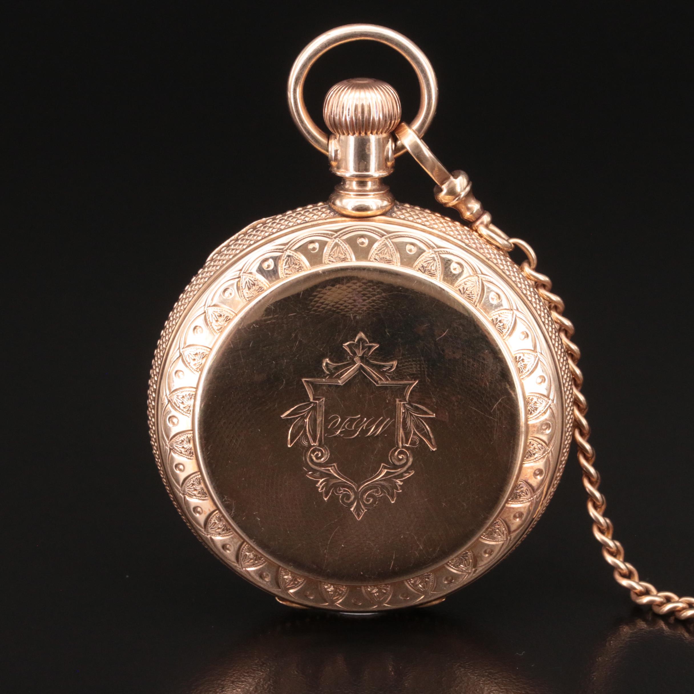 14K American Watch Co. Pocket Watch, 10K Fob Chain and Charm in a Display Dome