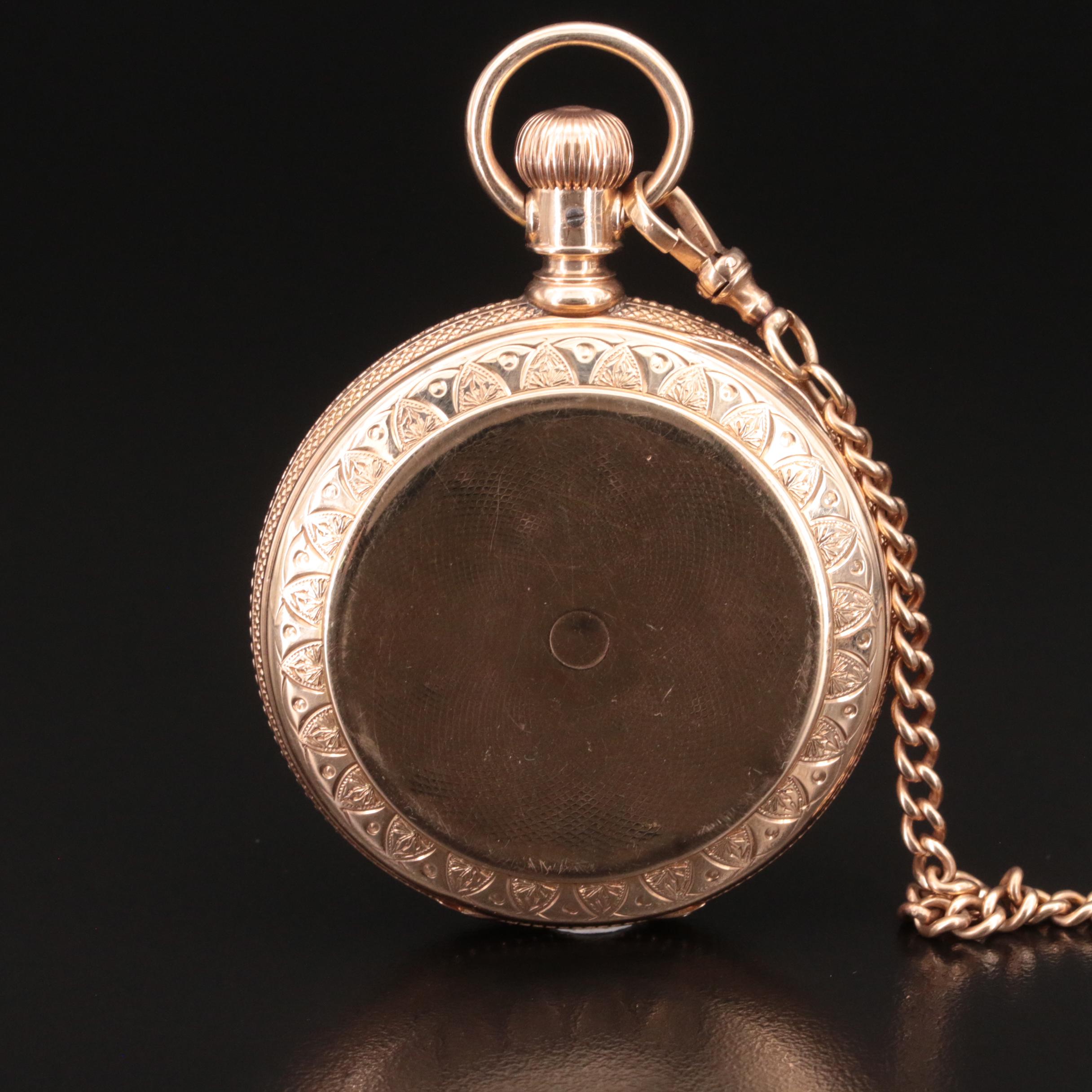 14K American Watch Co. Pocket Watch, 10K Fob Chain and Charm in a Display Dome