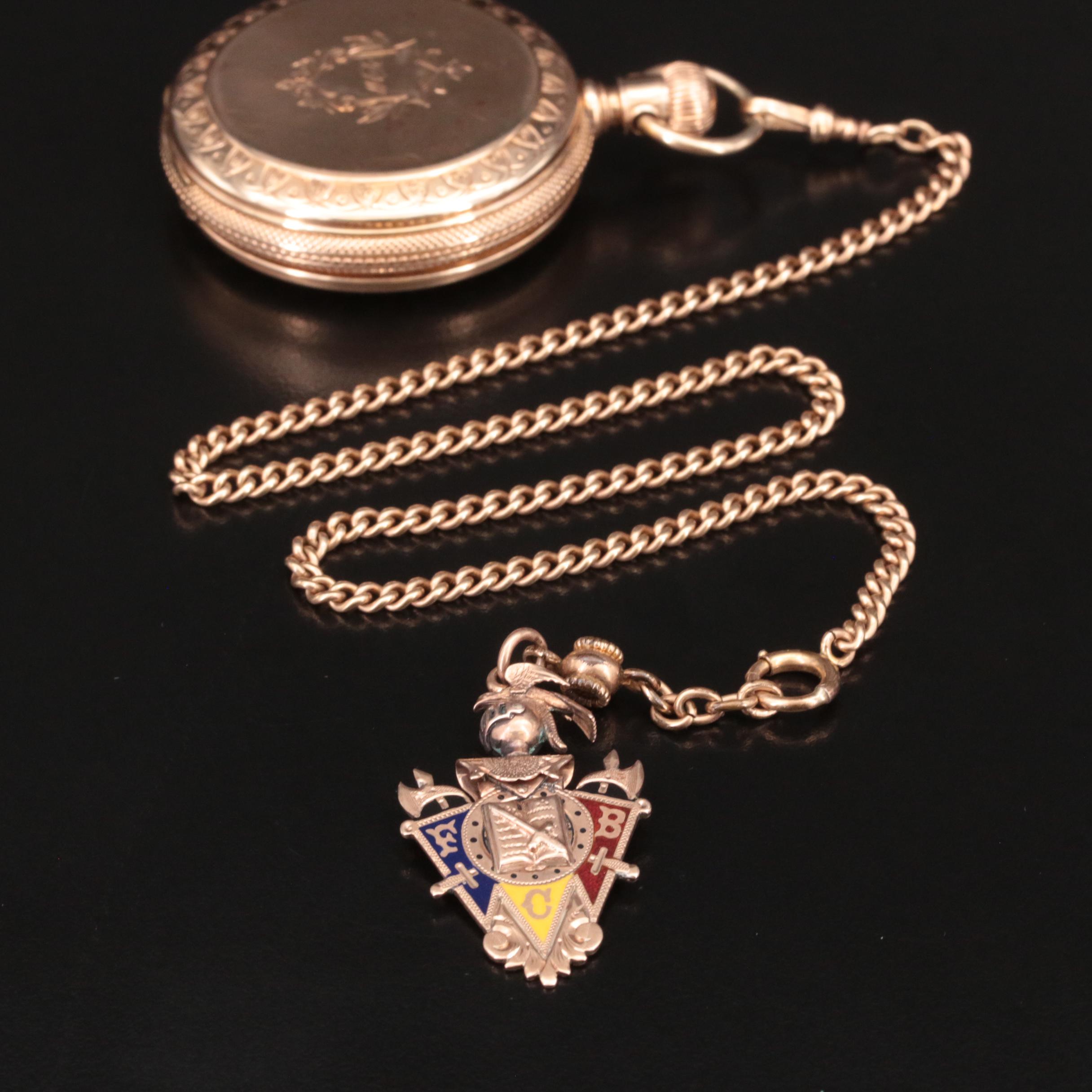 14K American Watch Co. Pocket Watch, 10K Fob Chain and Charm in a Display Dome