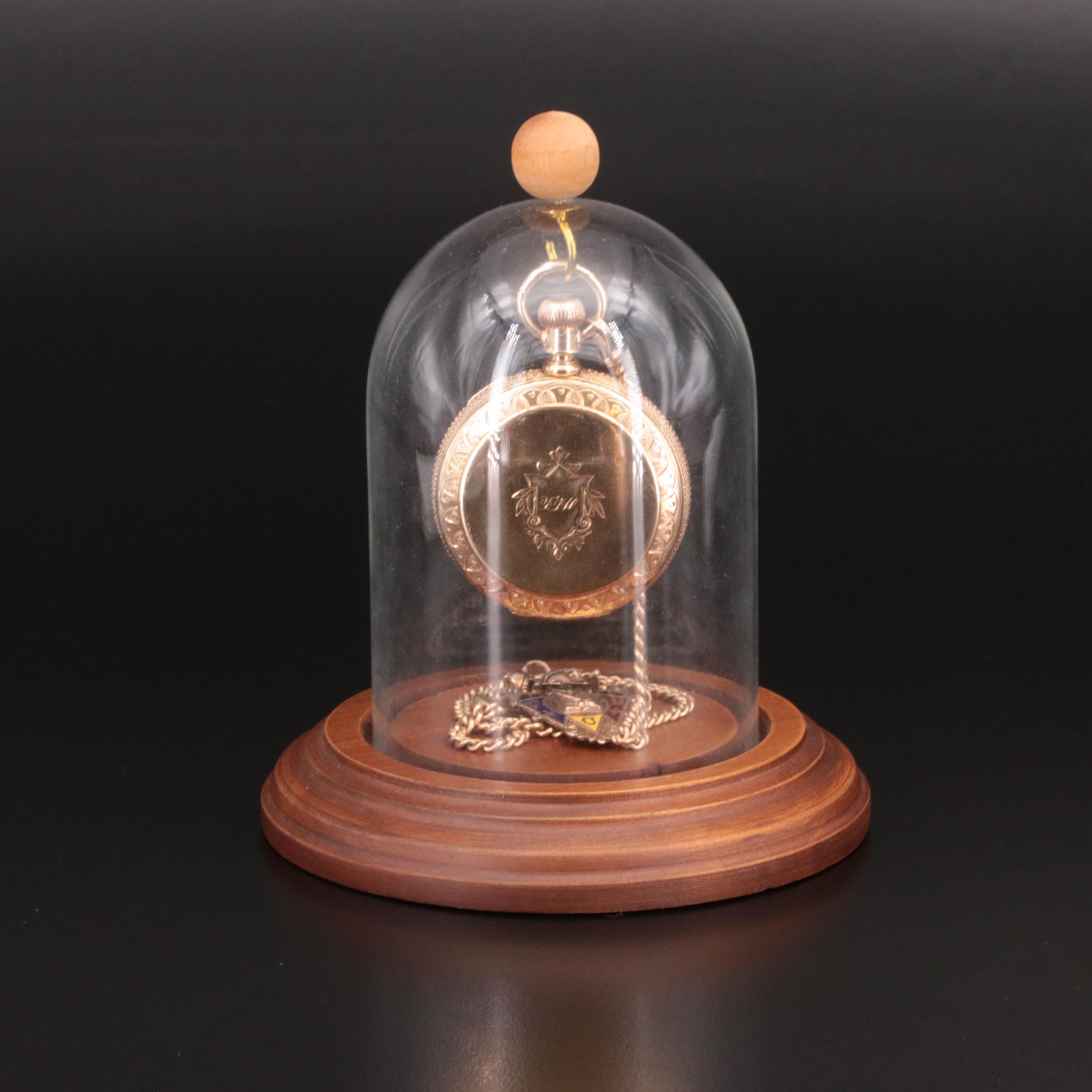 14K American Watch Co. Pocket Watch, 10K Fob Chain and Charm in a Display Dome