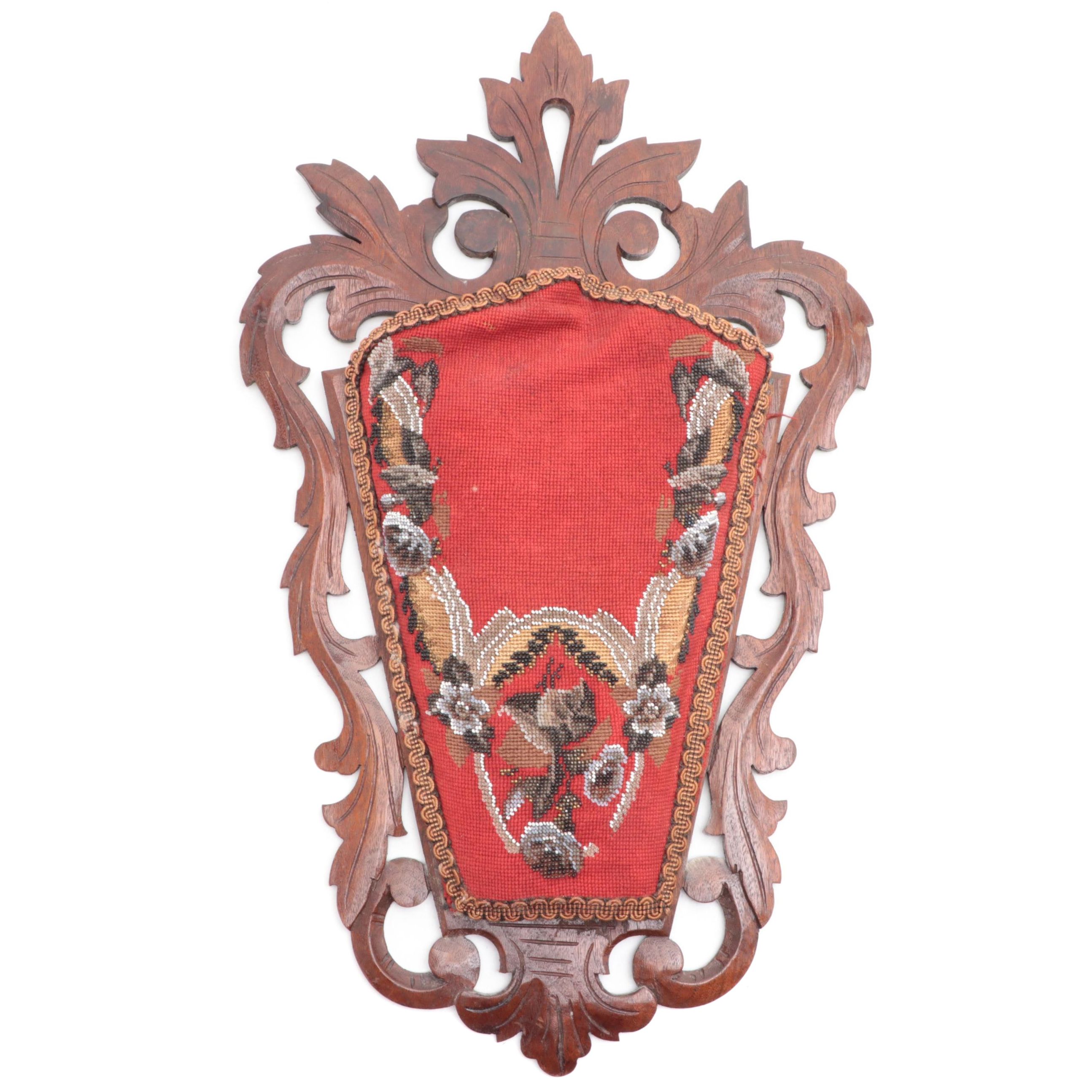 Victorian Style Needlepoint and Beaded Panel Wall Pocket With Carved Wood