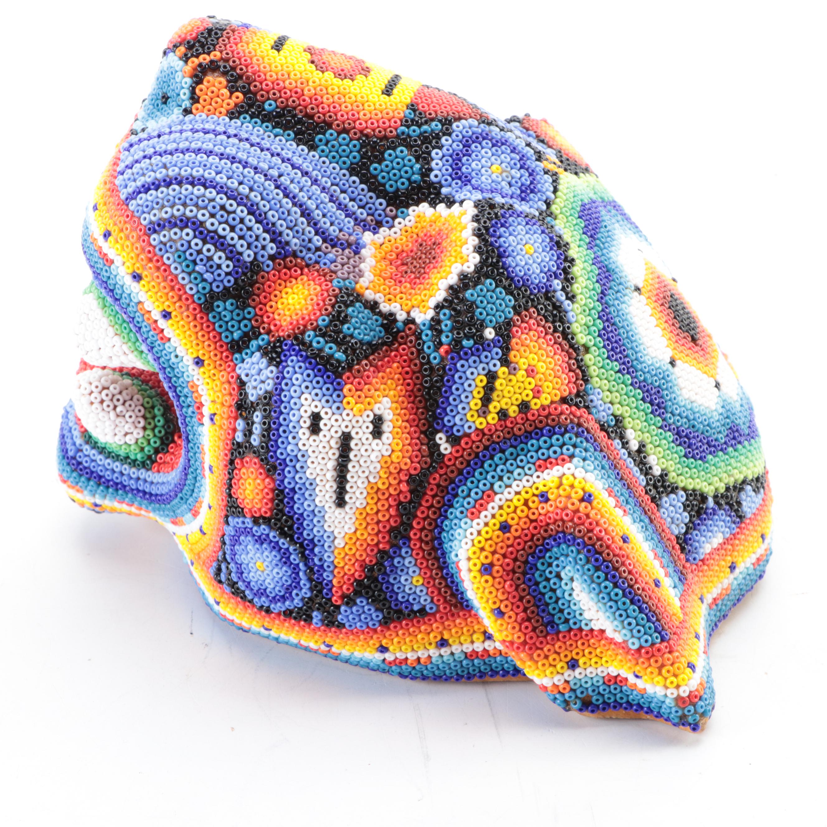 Mexican Huichol Style Beaded Wooden Jaguar Head Wall Décor