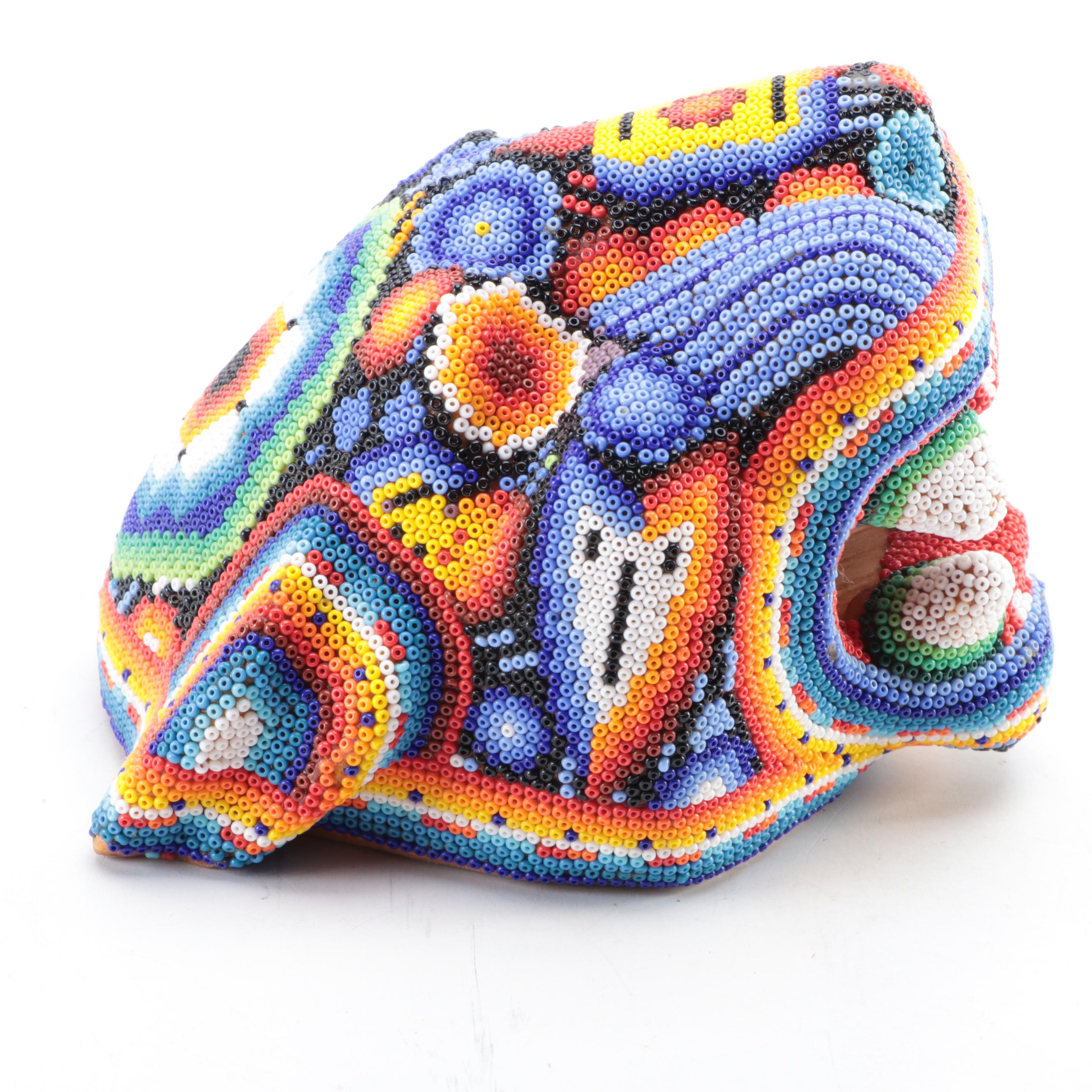 Mexican Huichol Style Beaded Wooden Jaguar Head Wall Décor