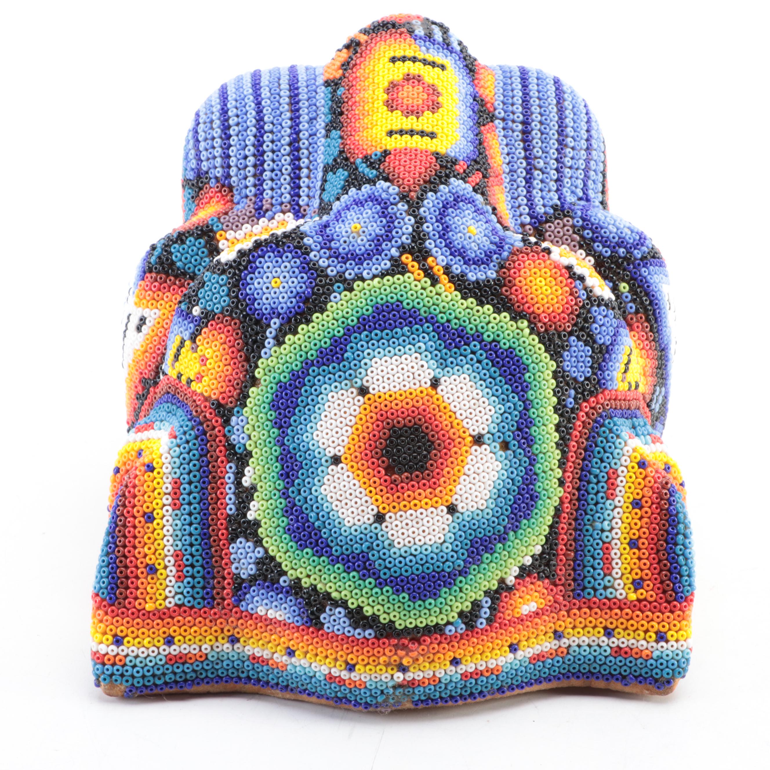 Mexican Huichol Style Beaded Wooden Jaguar Head Wall Décor