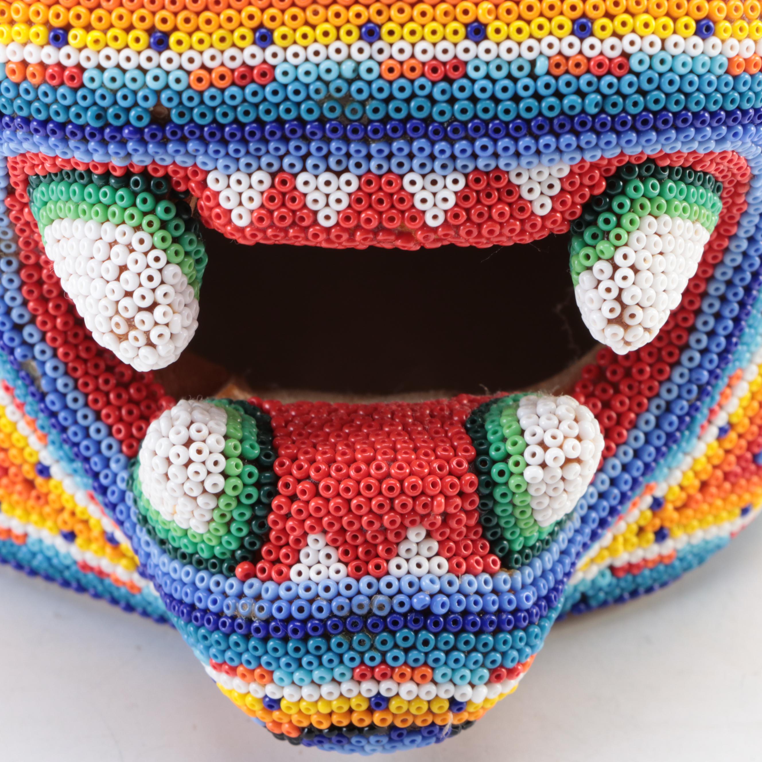 Mexican Huichol Style Beaded Wooden Jaguar Head Wall Décor